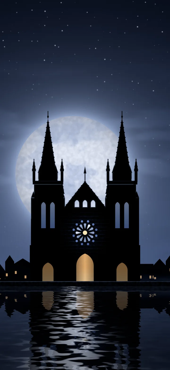 Navy Gothic Cathedral and Full Moon wallpaper for iPhone and Android