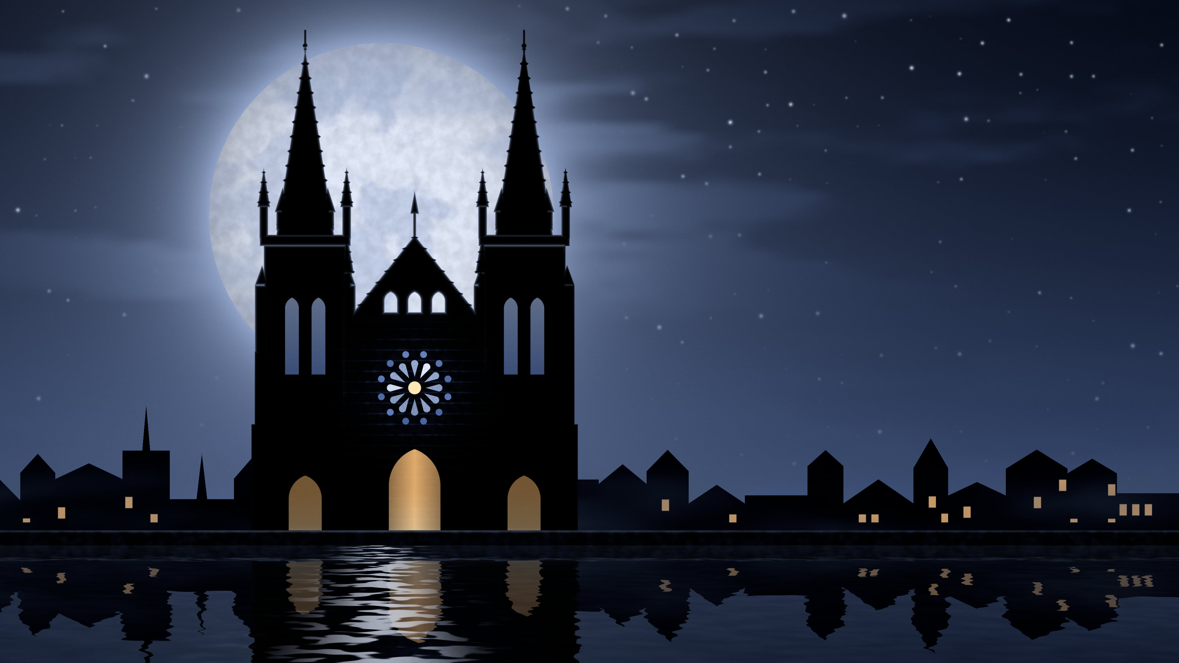 Navy Gothic Cathedral and Full Moon desktop wallpaper in 4K