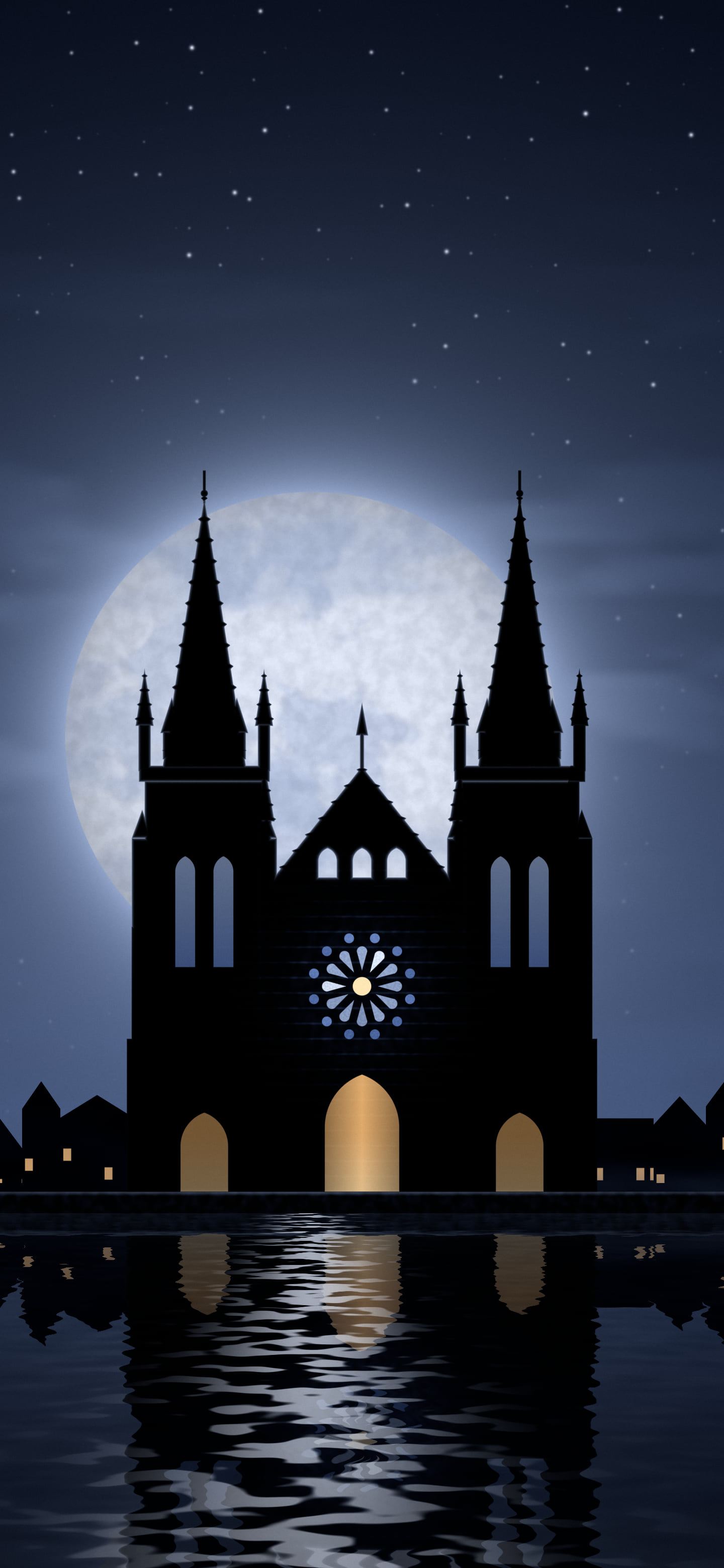 Navy Gothic Cathedral and Full Moon wallpaper for iPhone and Android