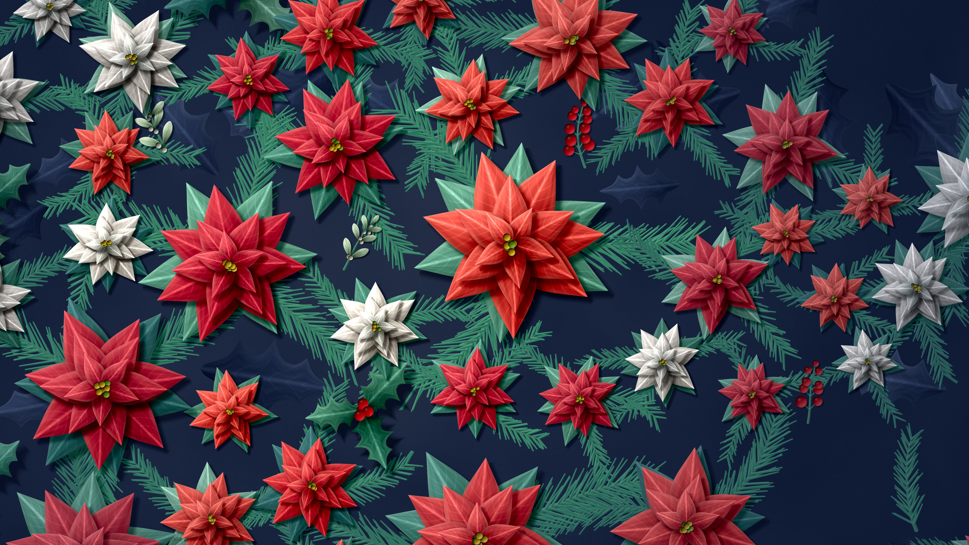 Navy Holly and Poinsettia Pattern desktop wallpaper in 4K