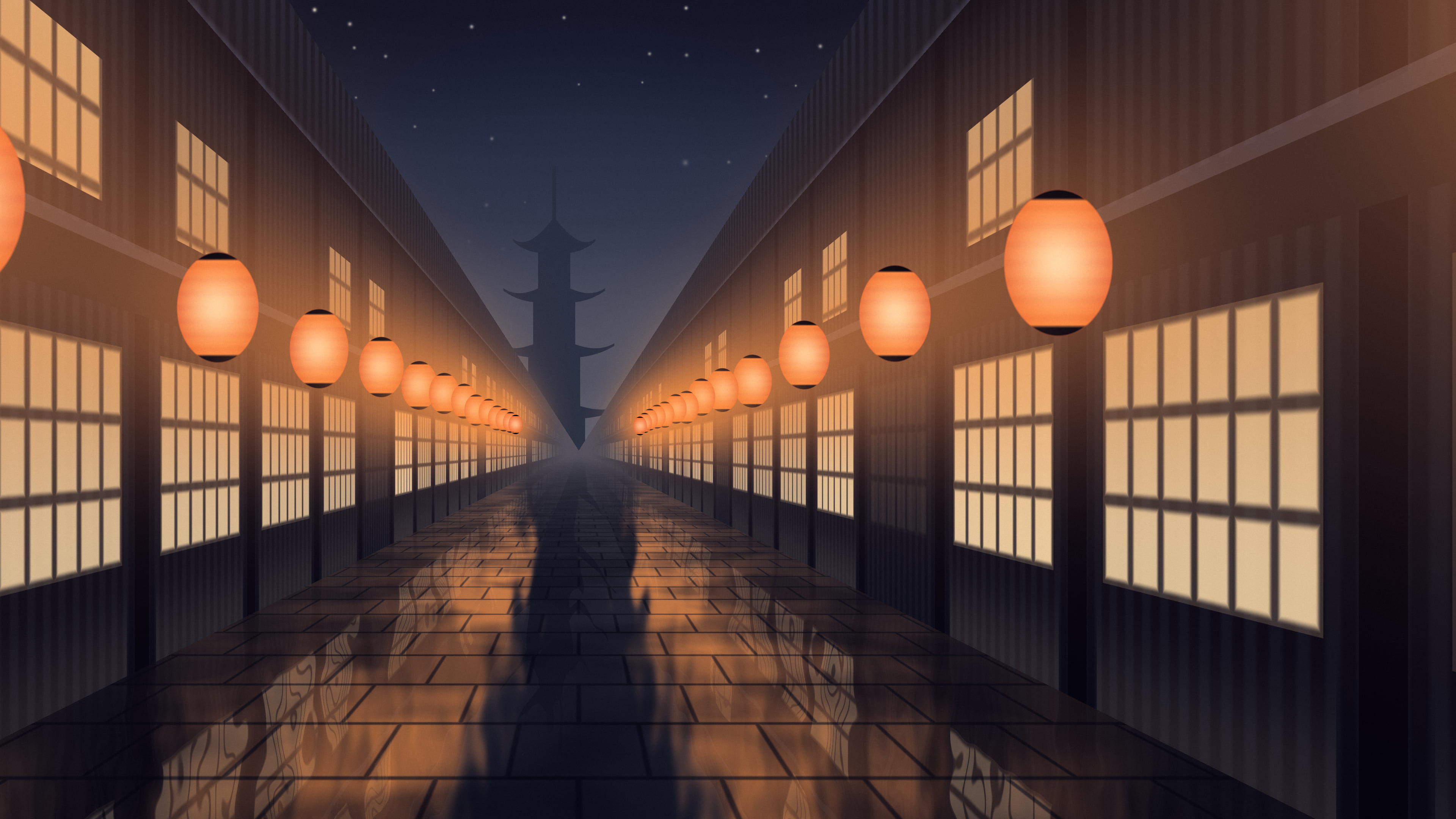 Navy Japanese Lantern Street desktop wallpaper in 4K
