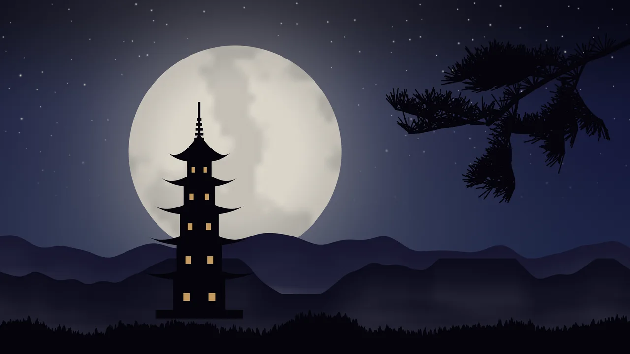 Navy Japanese Pagoda and Moon desktop wallpaper in 4K