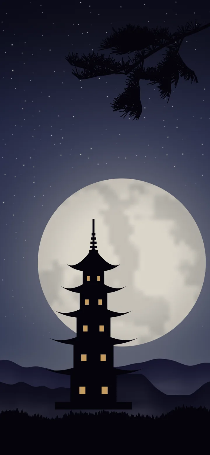Navy Japanese Pagoda and Moon wallpaper for iPhone and Android
