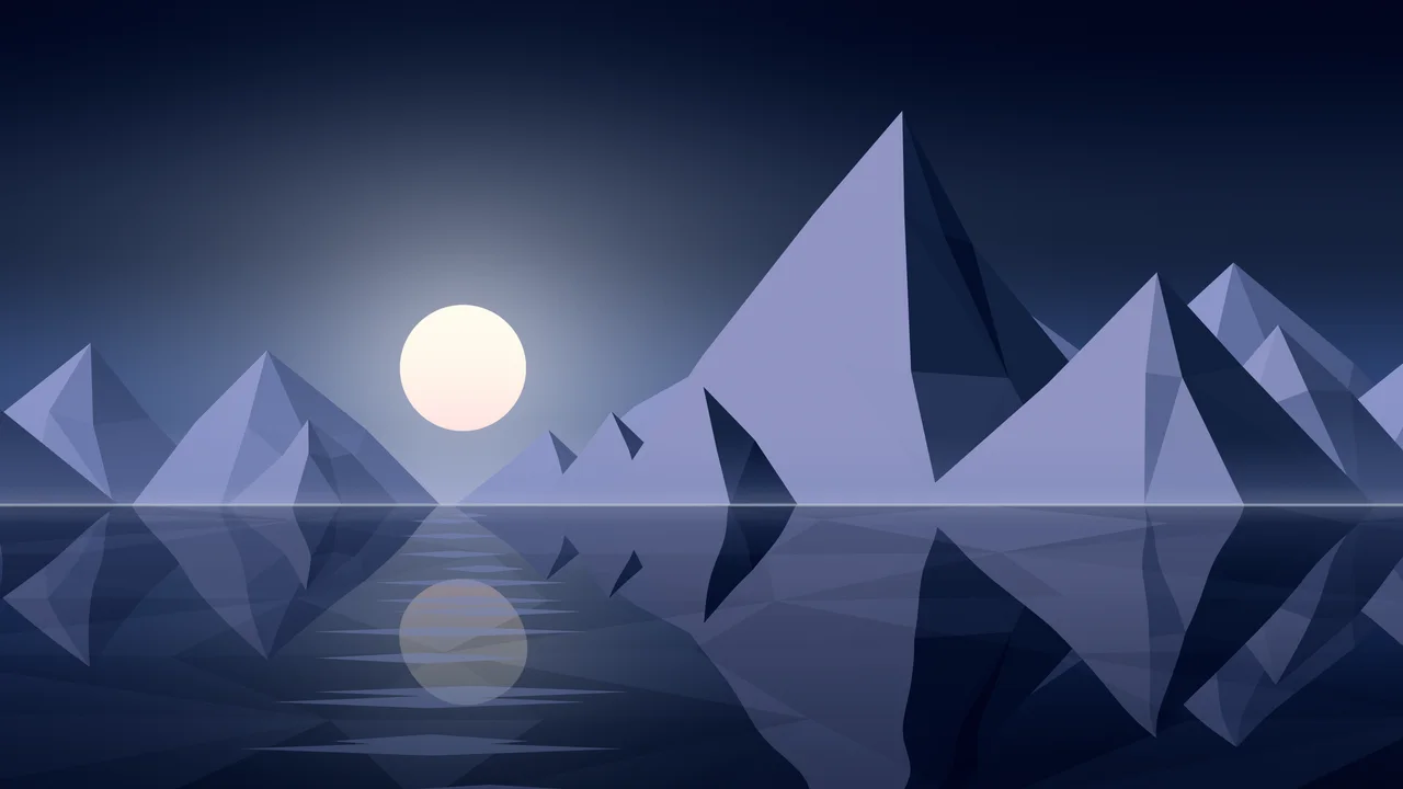 Navy Low Poly Mountain Lake at Sunset desktop wallpaper in 4K