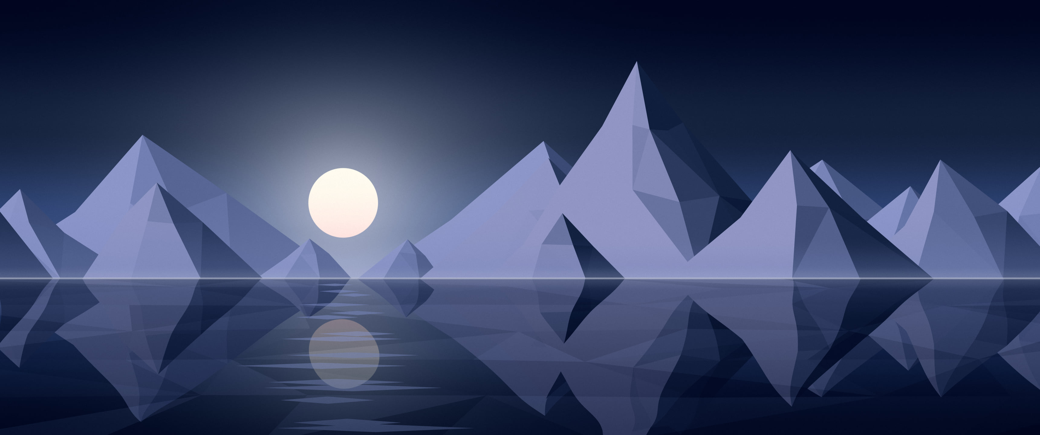 Navy Low Poly Mountain Lake at Sunset ultrawide wallpaper, 3440 × 1440