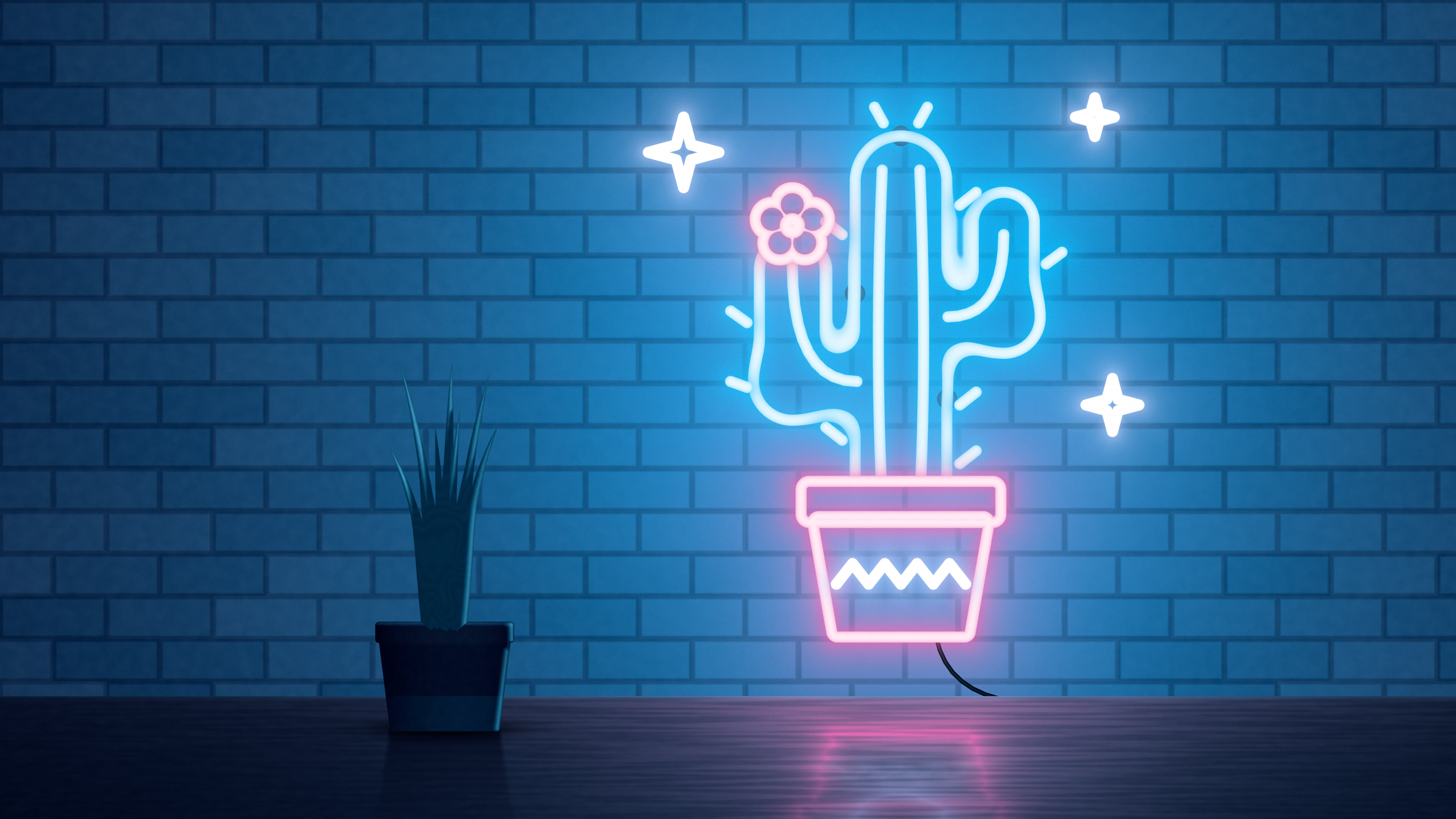Navy Neon Cactus desktop wallpaper in 4K