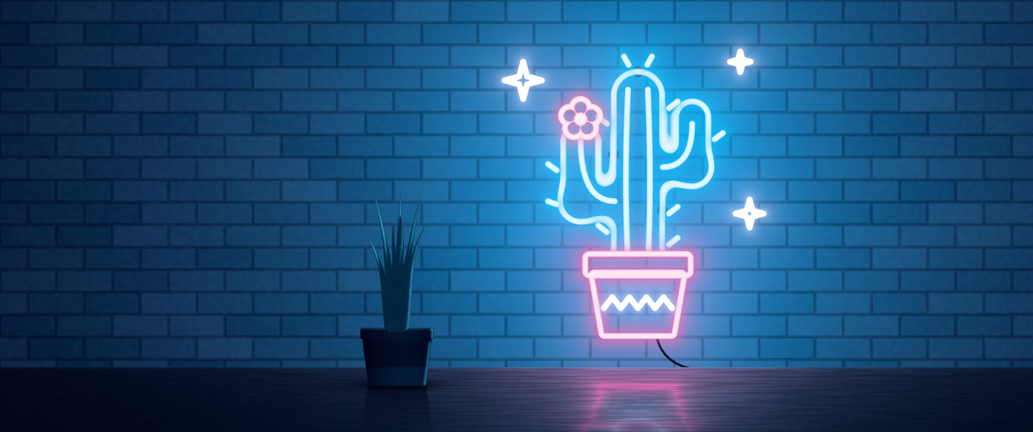 Navy Neon Cactus ultrawide wallpaper, 3440 × 1440