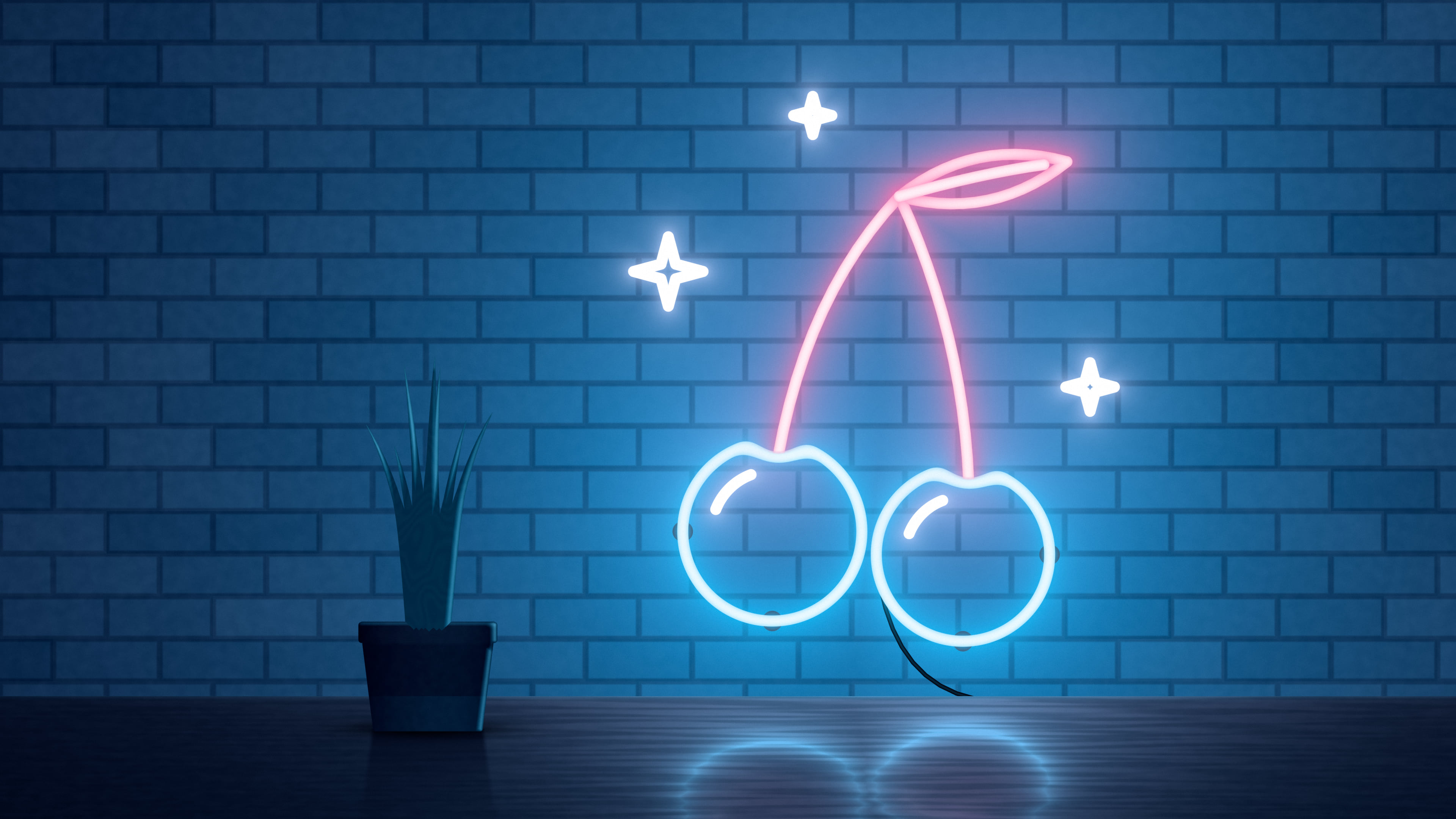 Navy Neon Cherries desktop wallpaper in 4K