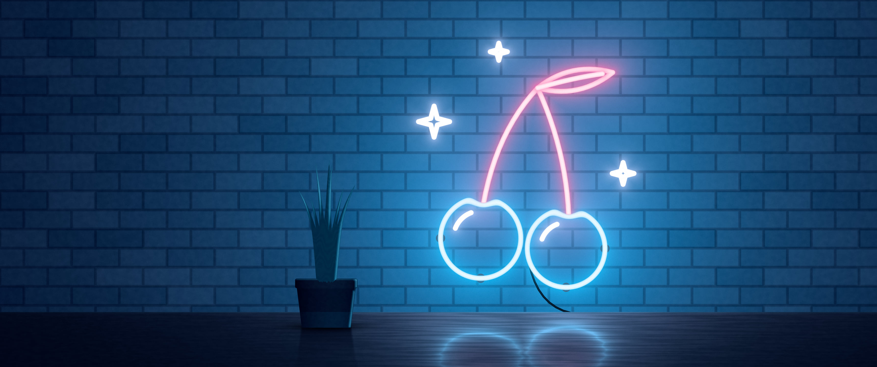 Navy Neon Cherries ultrawide wallpaper, 3440 × 1440