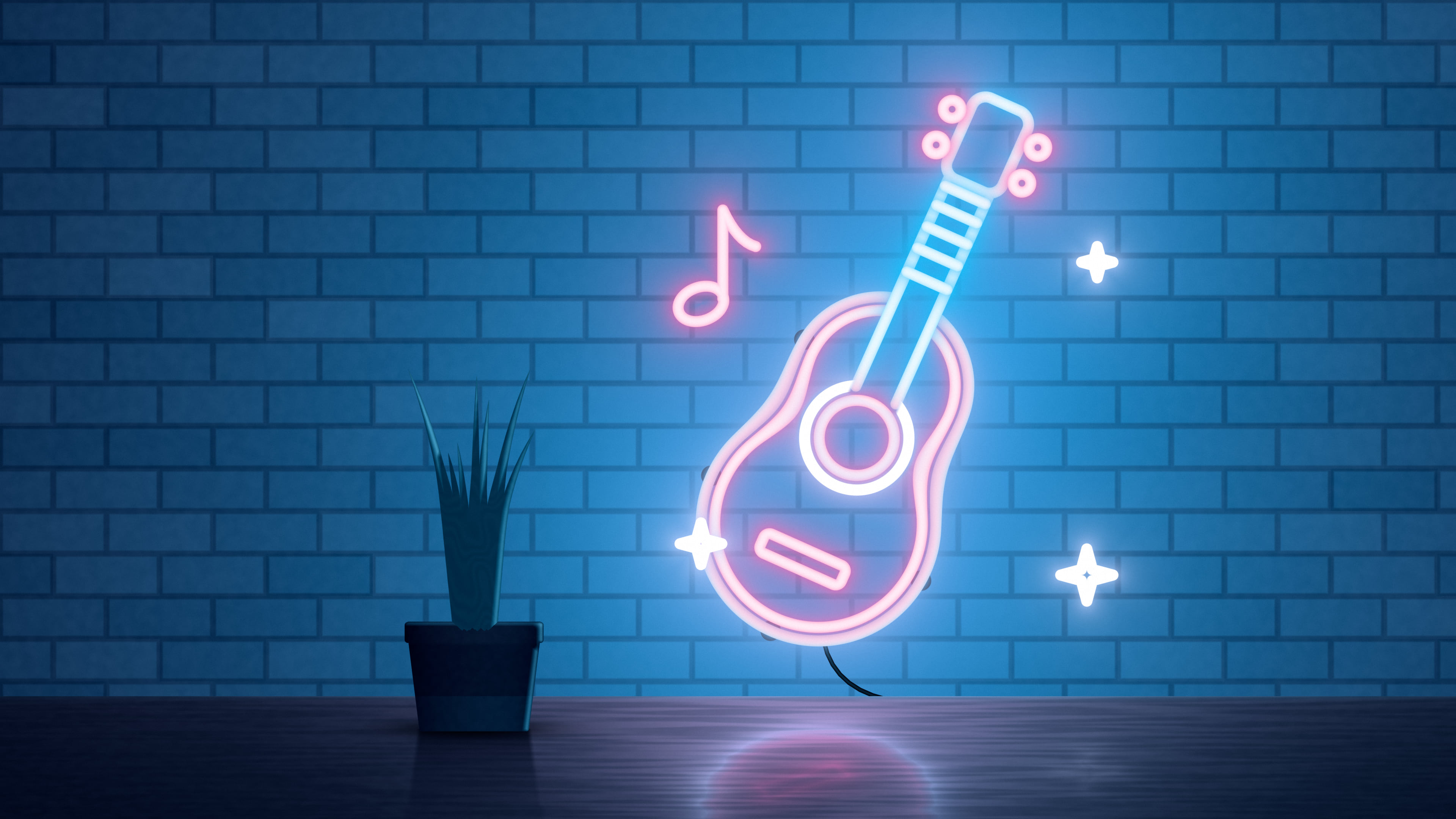 Navy Neon Guitar desktop wallpaper in 4K