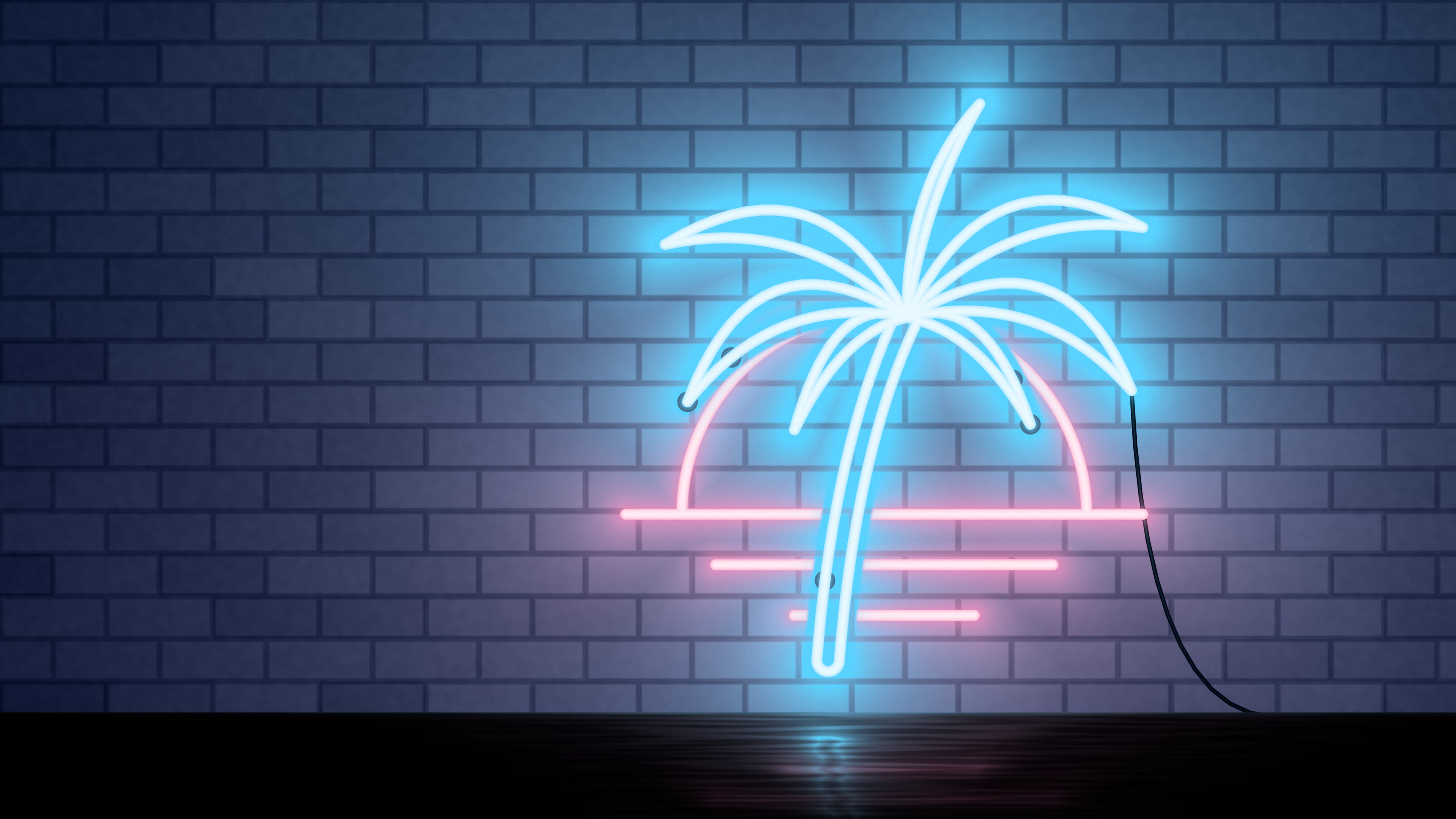 Navy Neon Palm Tree desktop wallpaper in 4K