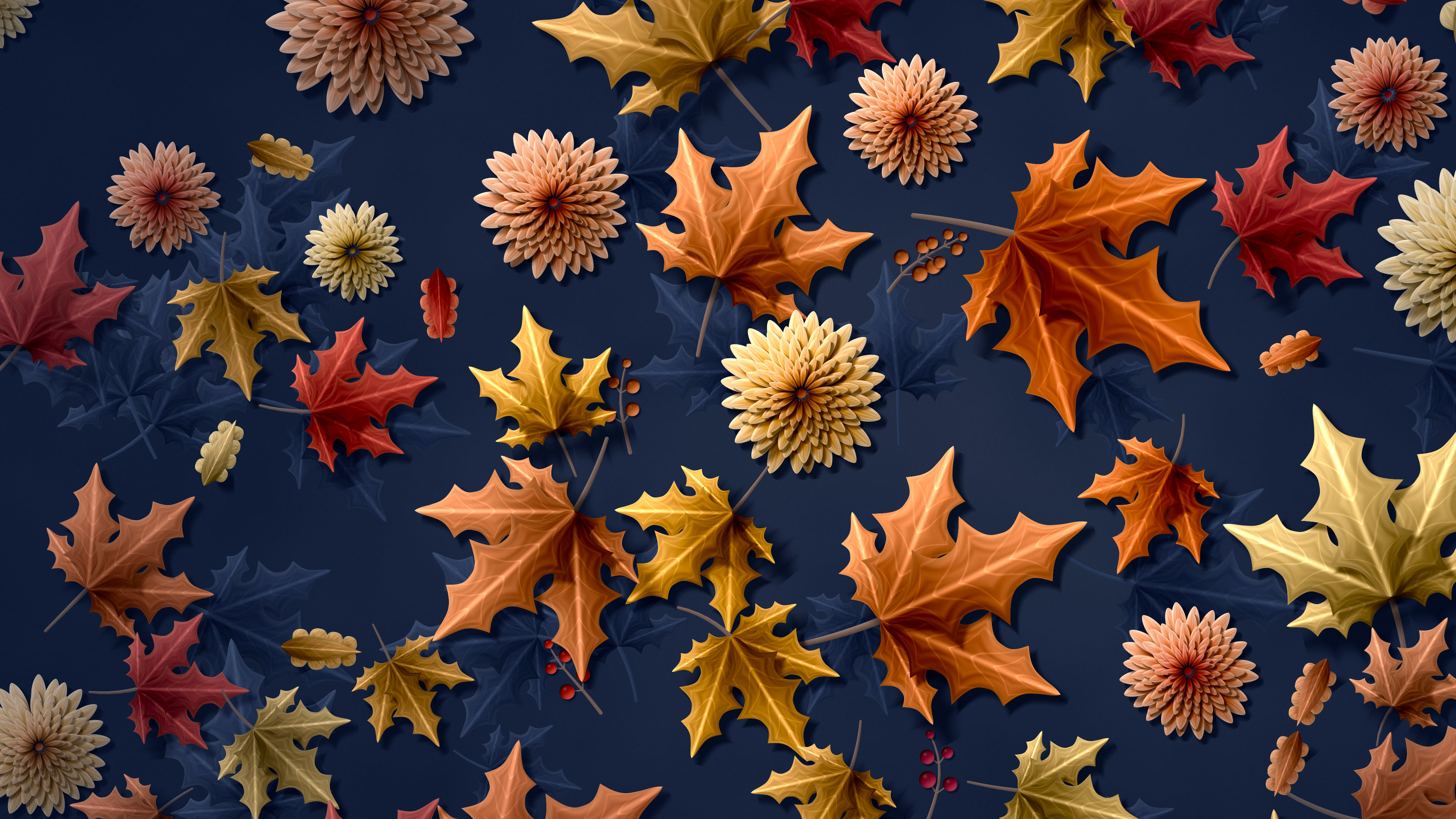 Navy Paper Autumn Leaves Pattern desktop wallpaper in 4K