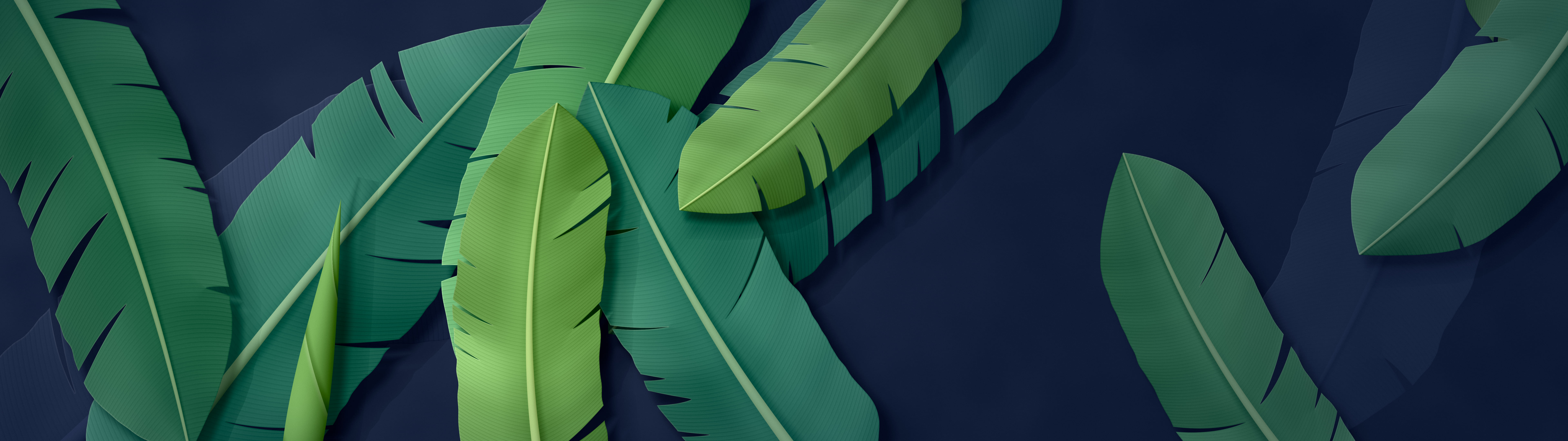 Navy Paper Banana Leaves dual monitor wallpaper, 7680 × 2160