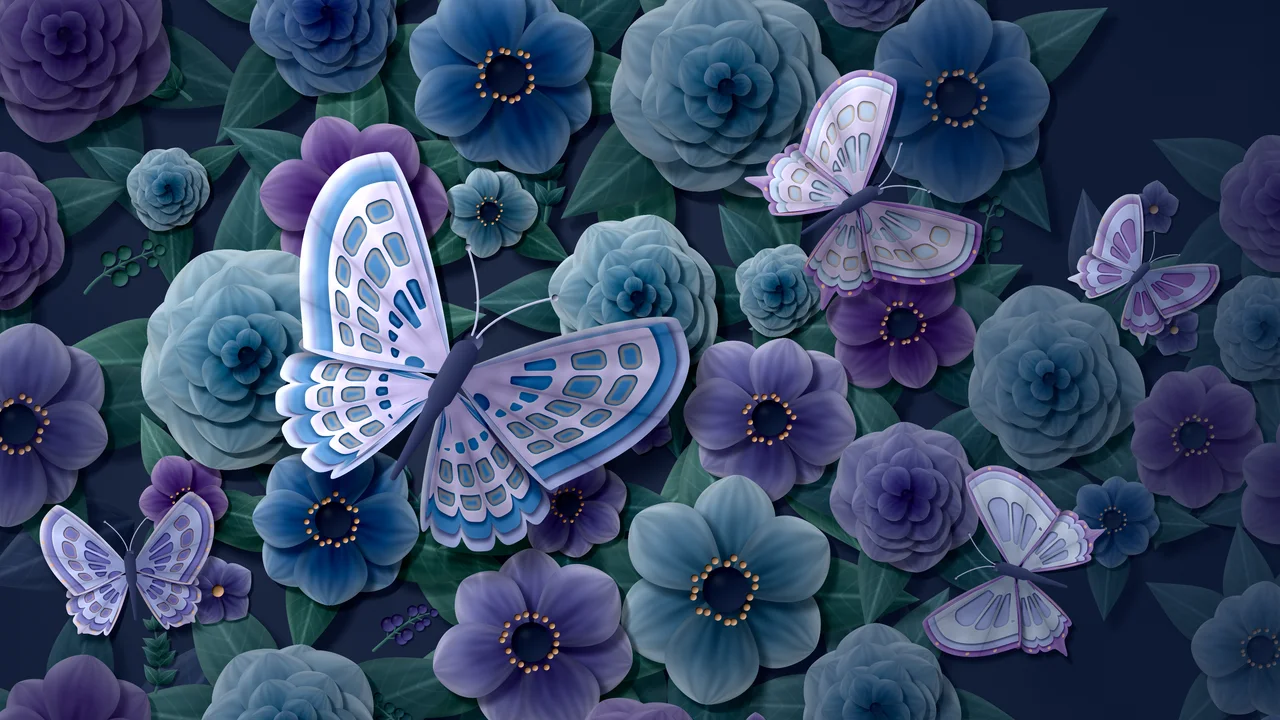 Navy Paper Butterflies and Flowers desktop wallpaper in 4K