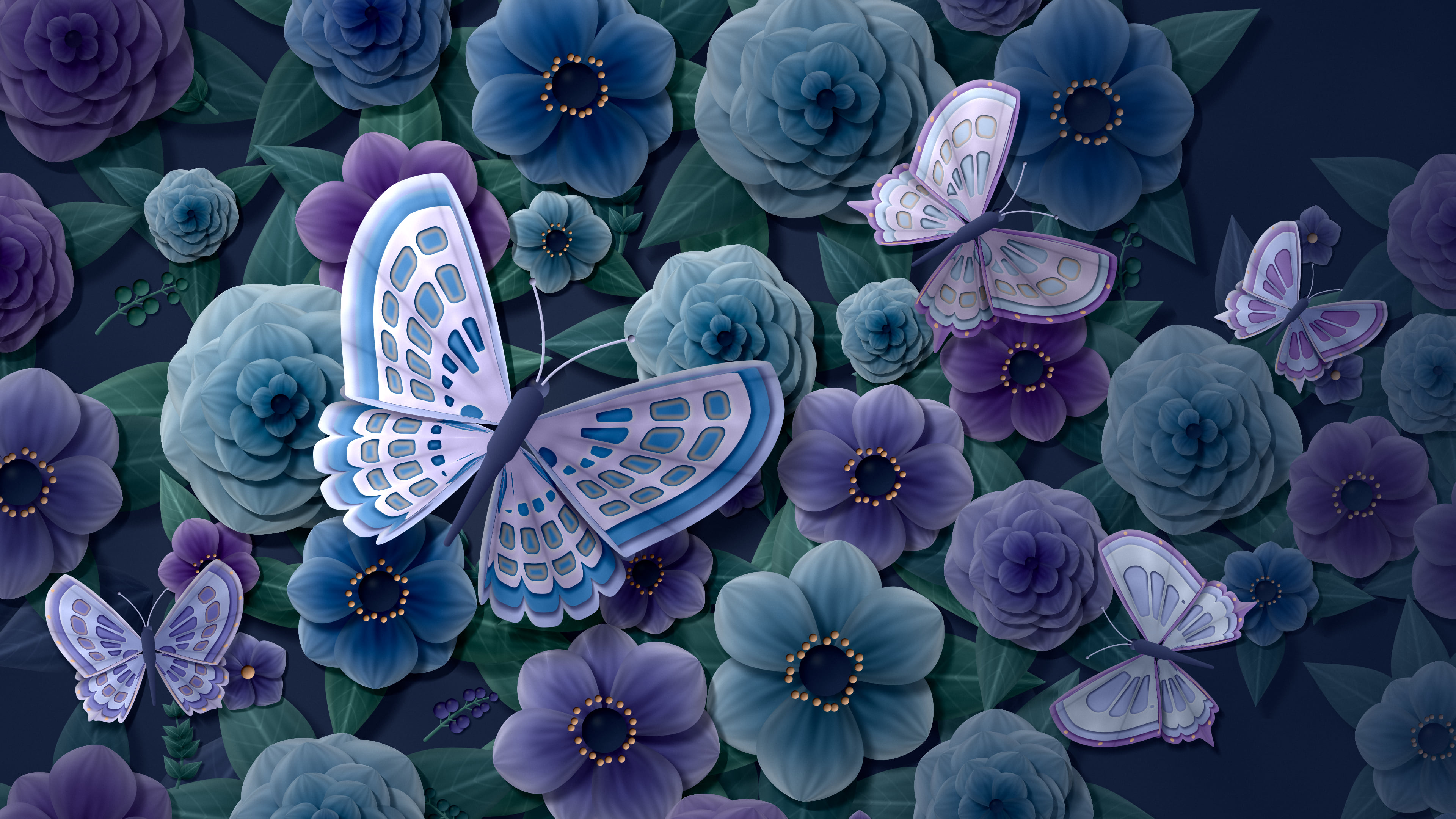 Navy Paper Butterflies and Flowers desktop wallpaper in 4K