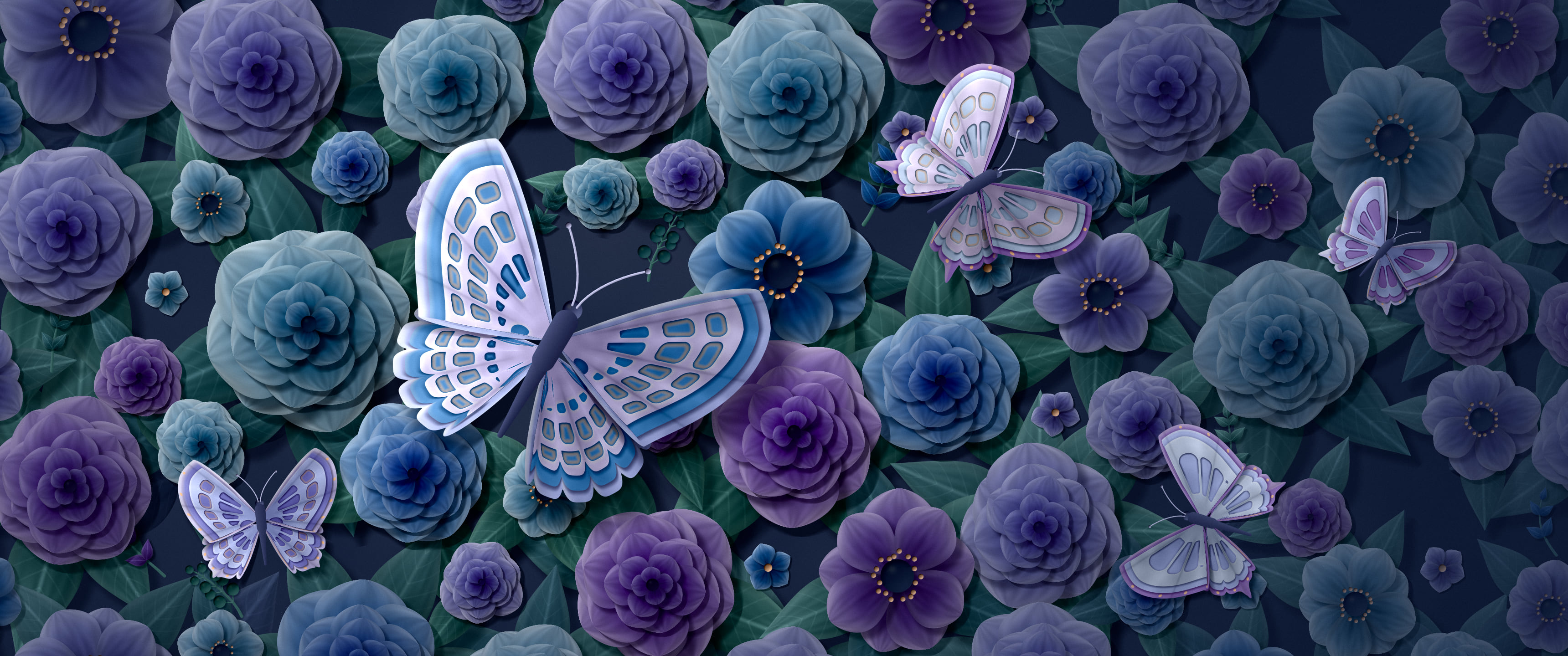 Navy Paper Butterflies and Flowers ultrawide wallpaper, 3440 × 1440