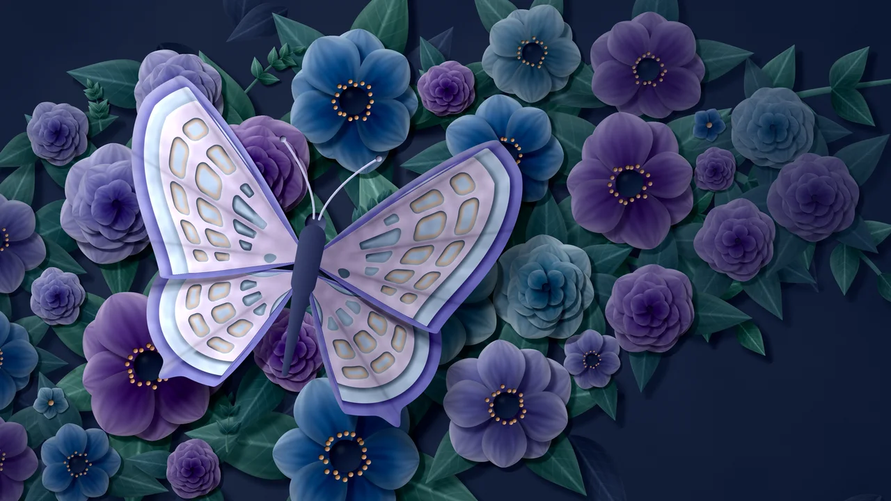 Navy Paper Butterfly on Flowers desktop wallpaper in 4K