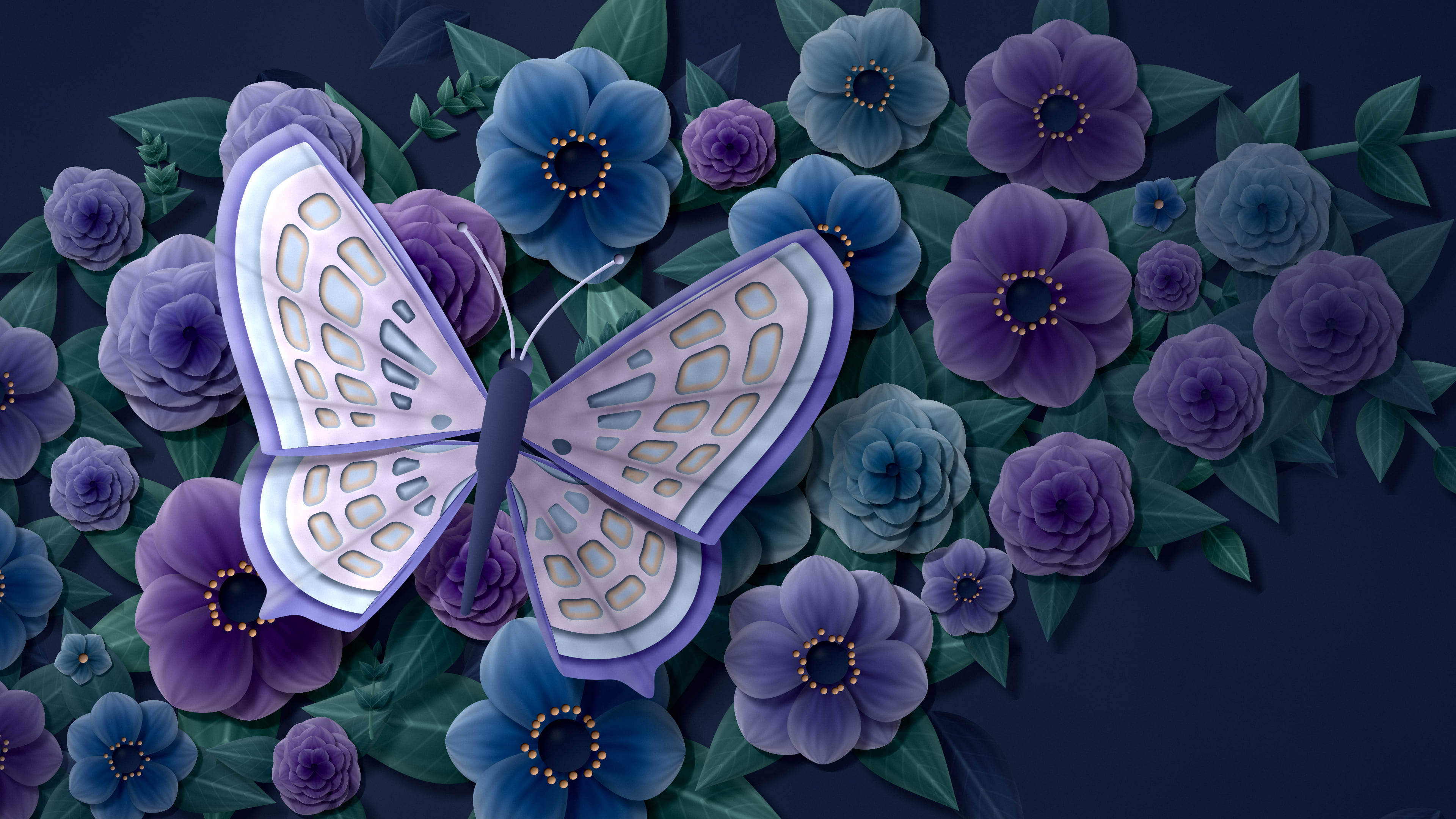 Navy Paper Butterfly on Flowers desktop wallpaper in 4K