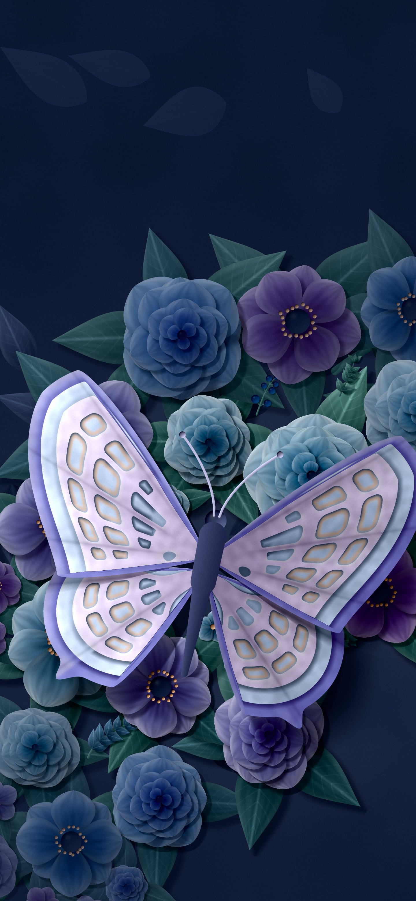 Navy Paper Butterfly on Flowers wallpaper for iPhone and Android