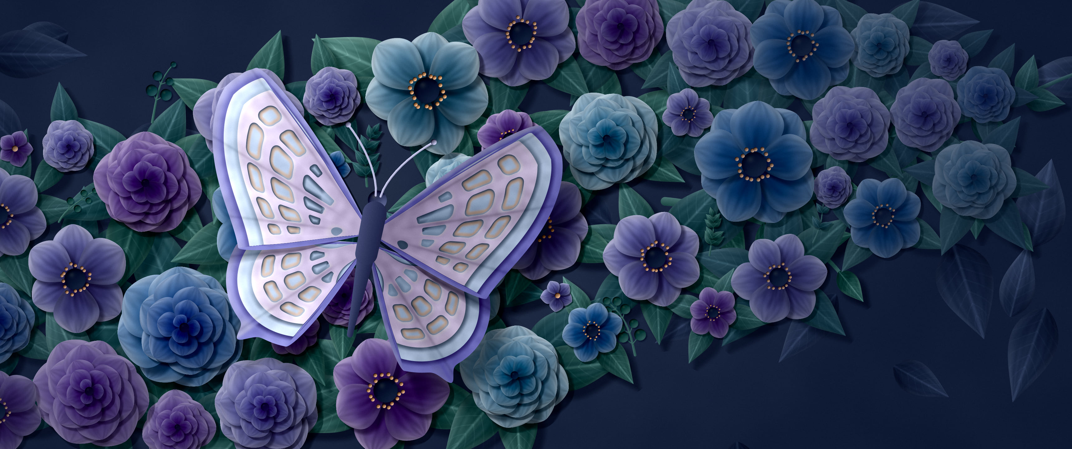 Navy Paper Butterfly on Flowers ultrawide wallpaper, 3440 × 1440
