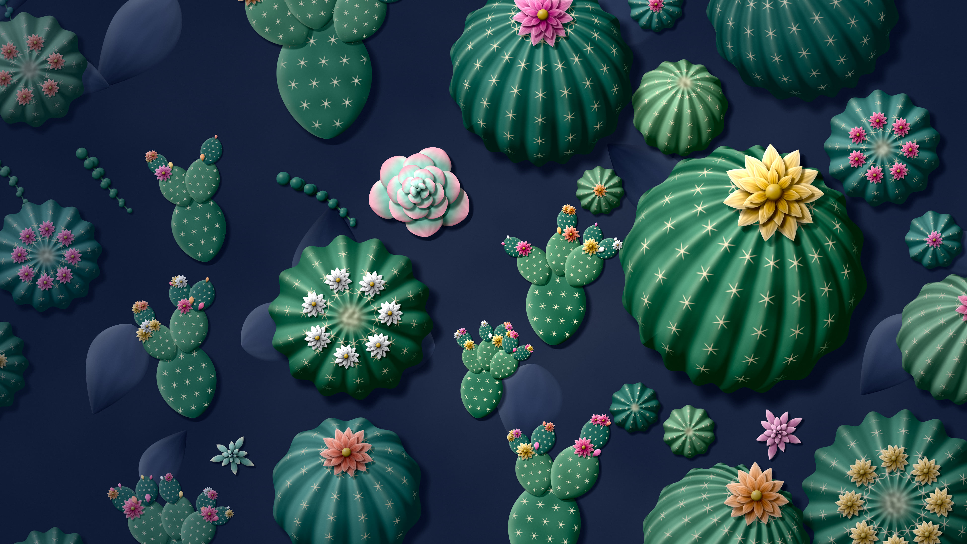 Navy Paper Cactus and Succulents desktop wallpaper in 4K