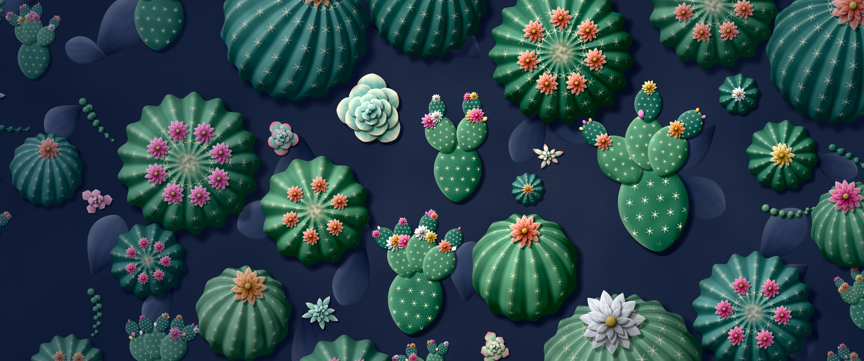 Navy Paper Cactus and Succulents ultrawide wallpaper, 3440 × 1440