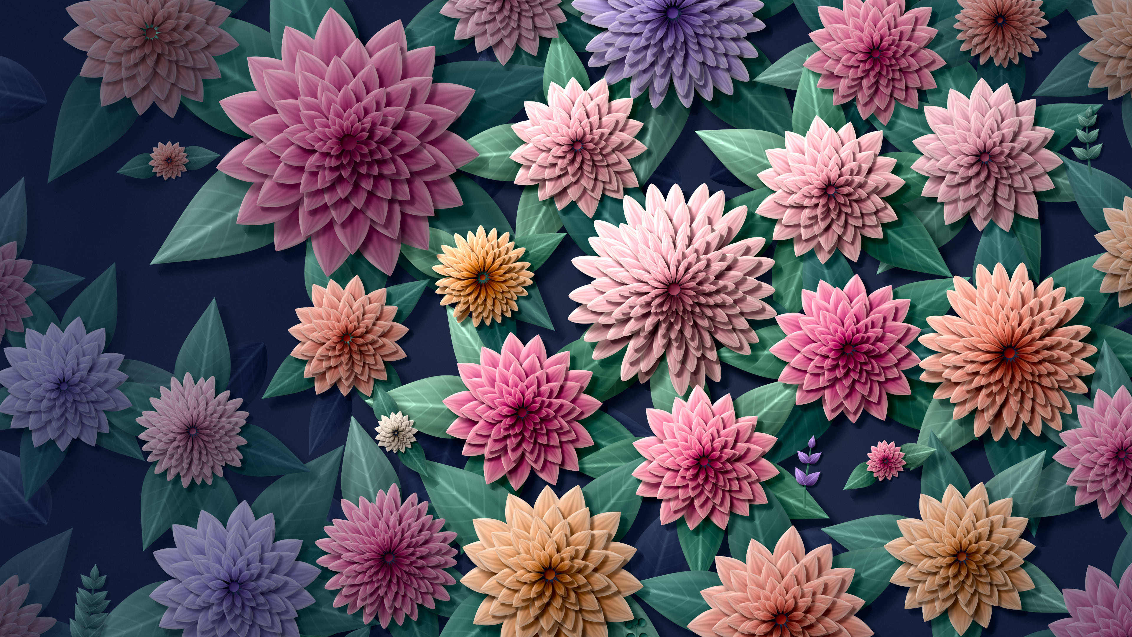 Navy Paper Dahlia Pattern desktop wallpaper in 4K