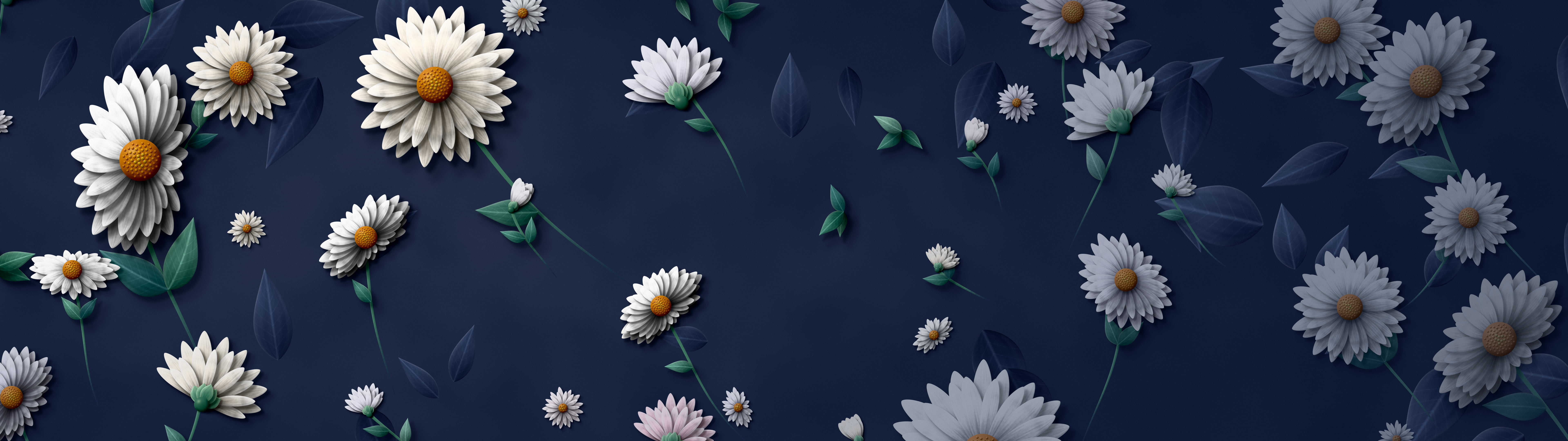 Navy Paper Daisy Pattern dual monitor wallpaper, 7680 × 2160
