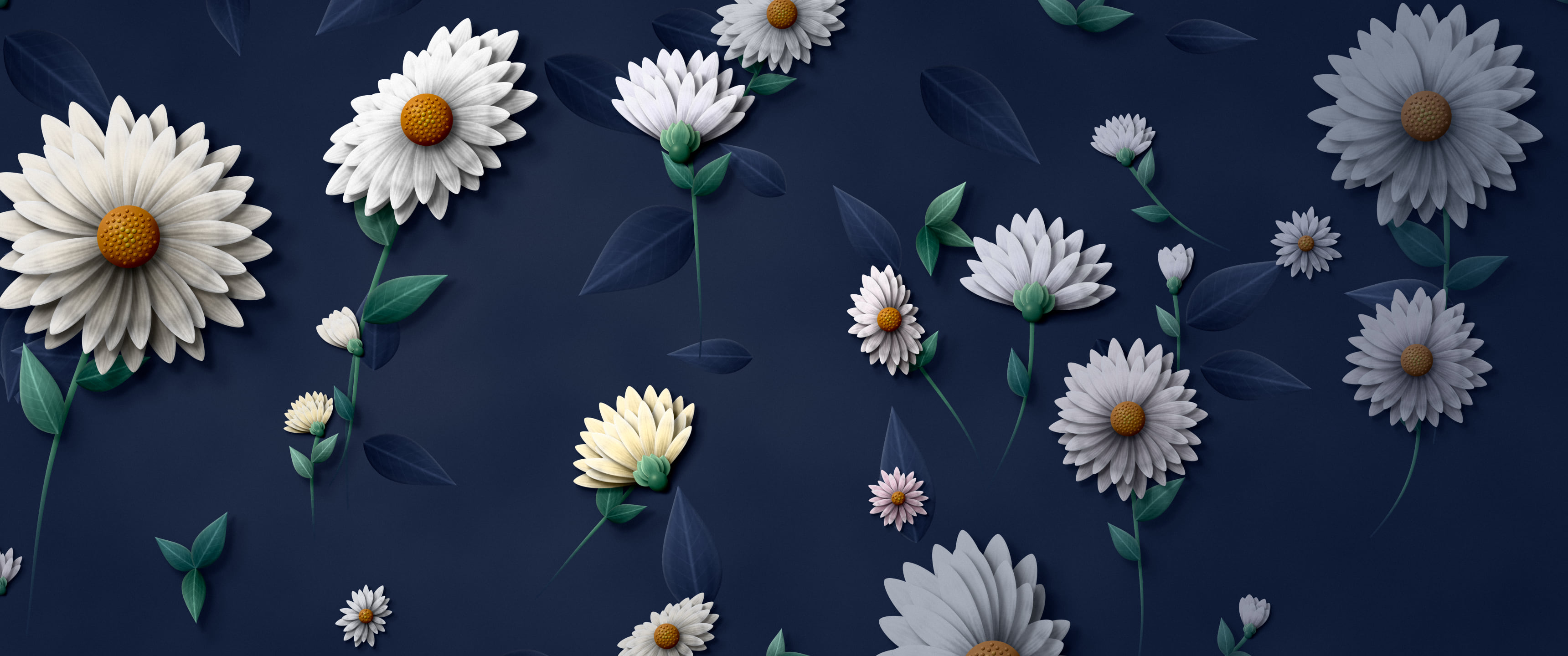 Navy Paper Daisy Pattern ultrawide wallpaper, 3440 × 1440