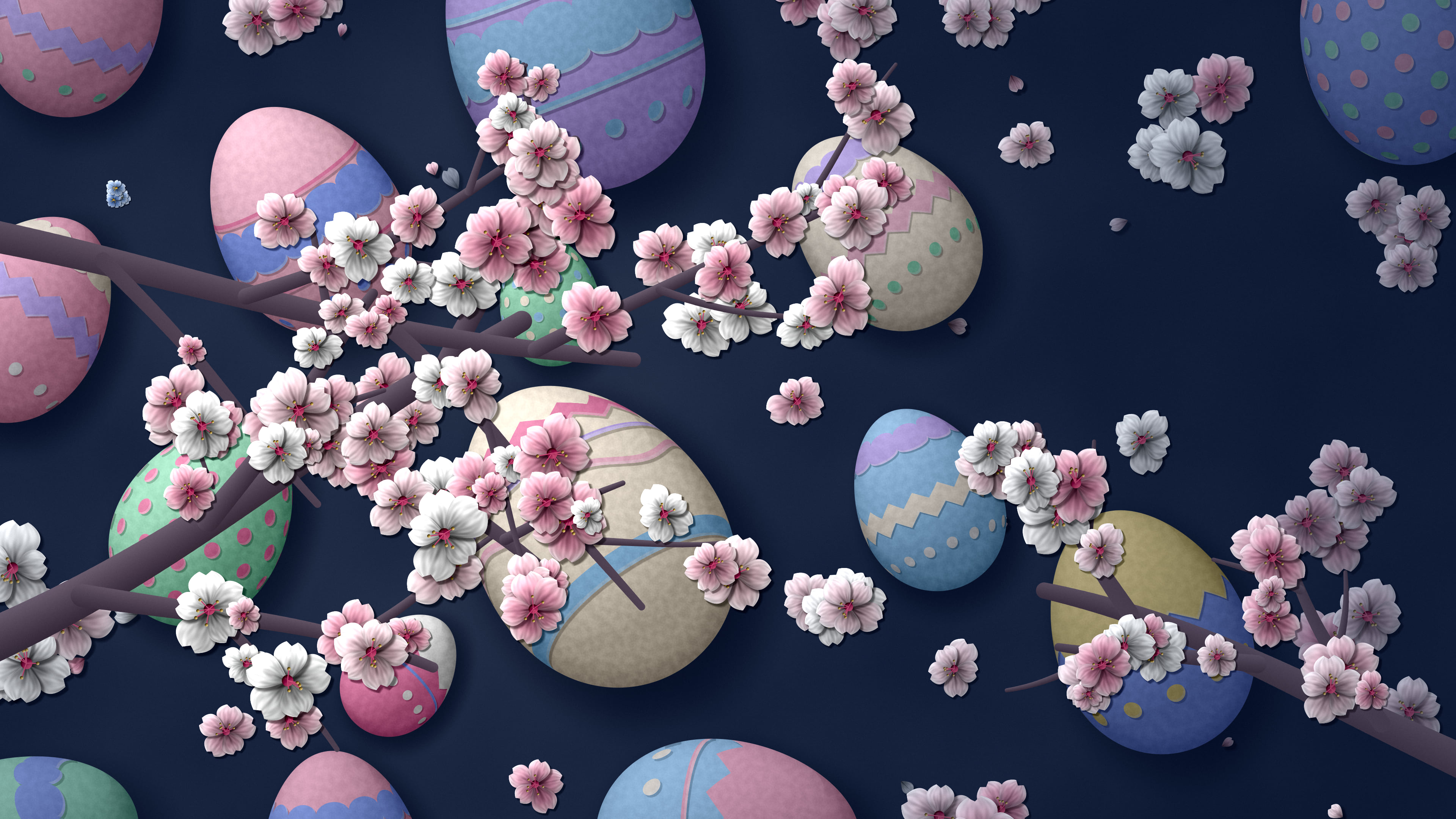 Navy Paper Easter Egg and Cherry Blossom Pattern desktop wallpaper in 4K