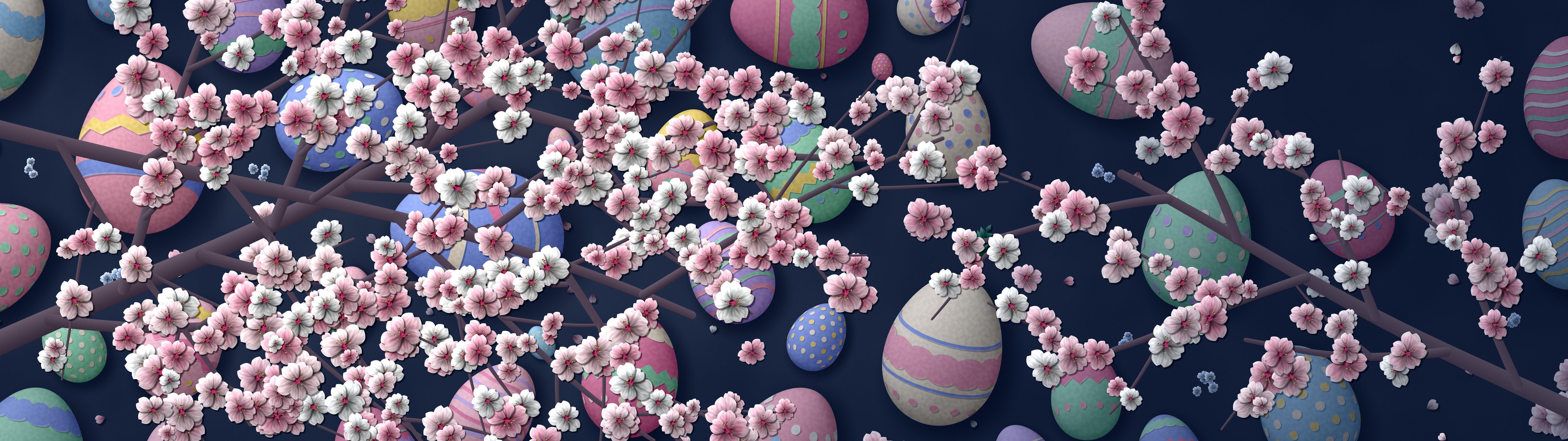 Navy Paper Easter Egg and Cherry Blossom Pattern dual monitor wallpaper, 7680 × 2160