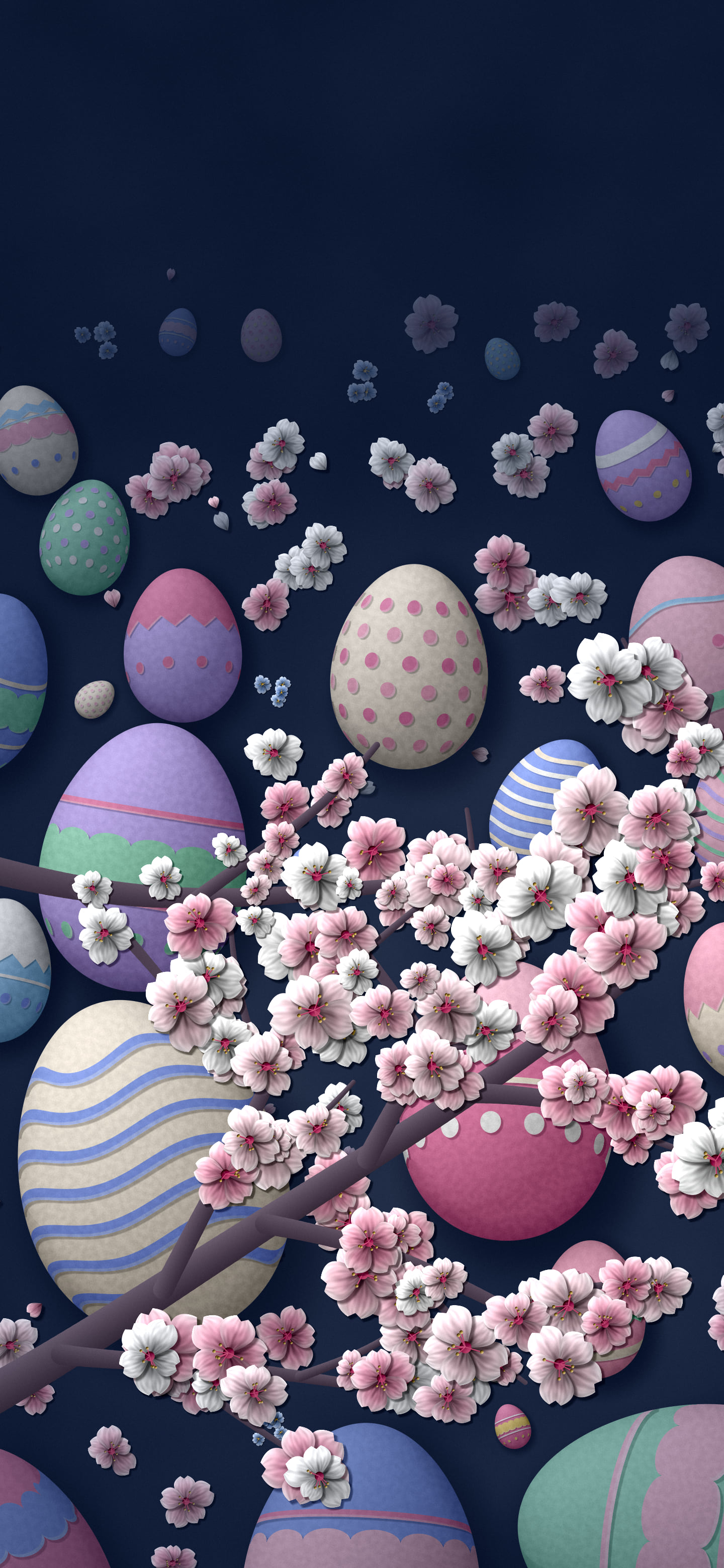Navy Paper Easter Egg and Cherry Blossom Pattern wallpaper for iPhone and Android