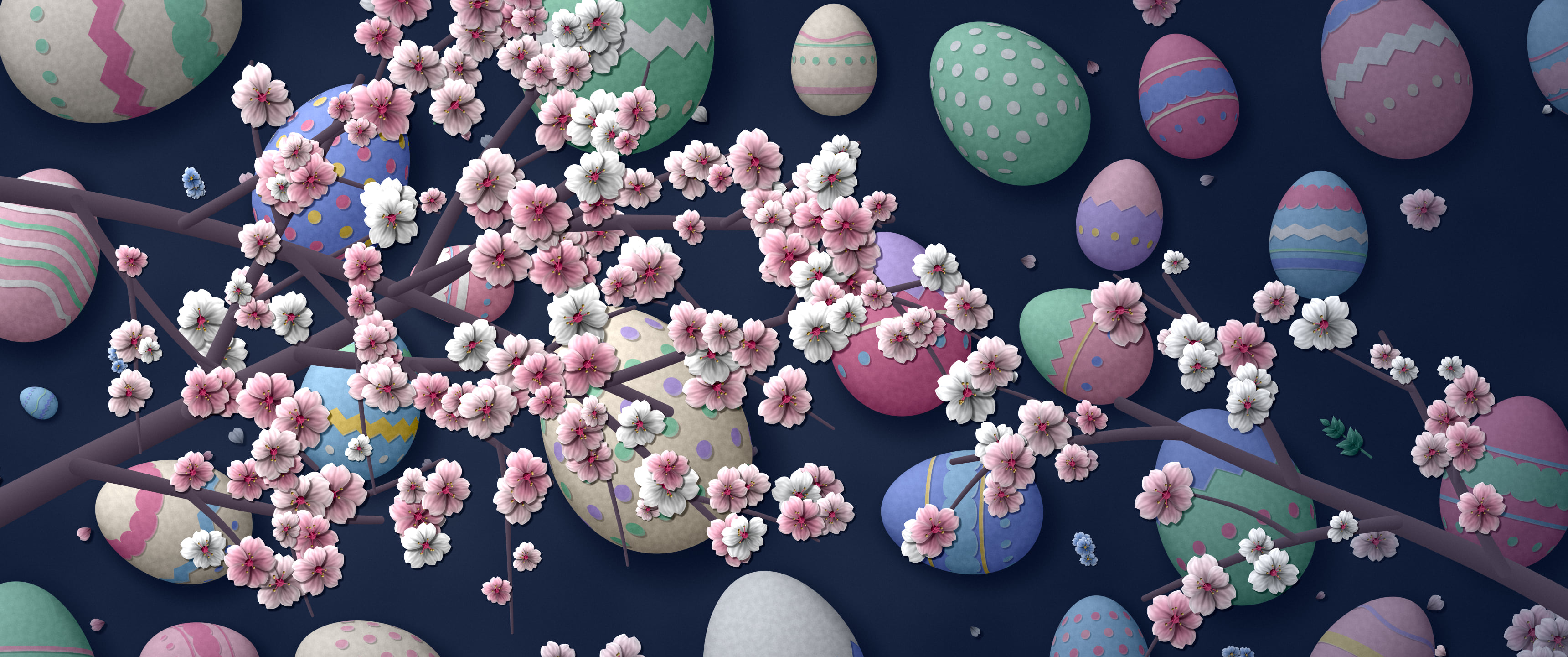 Navy Paper Easter Egg and Cherry Blossom Pattern ultrawide wallpaper, 3440 × 1440