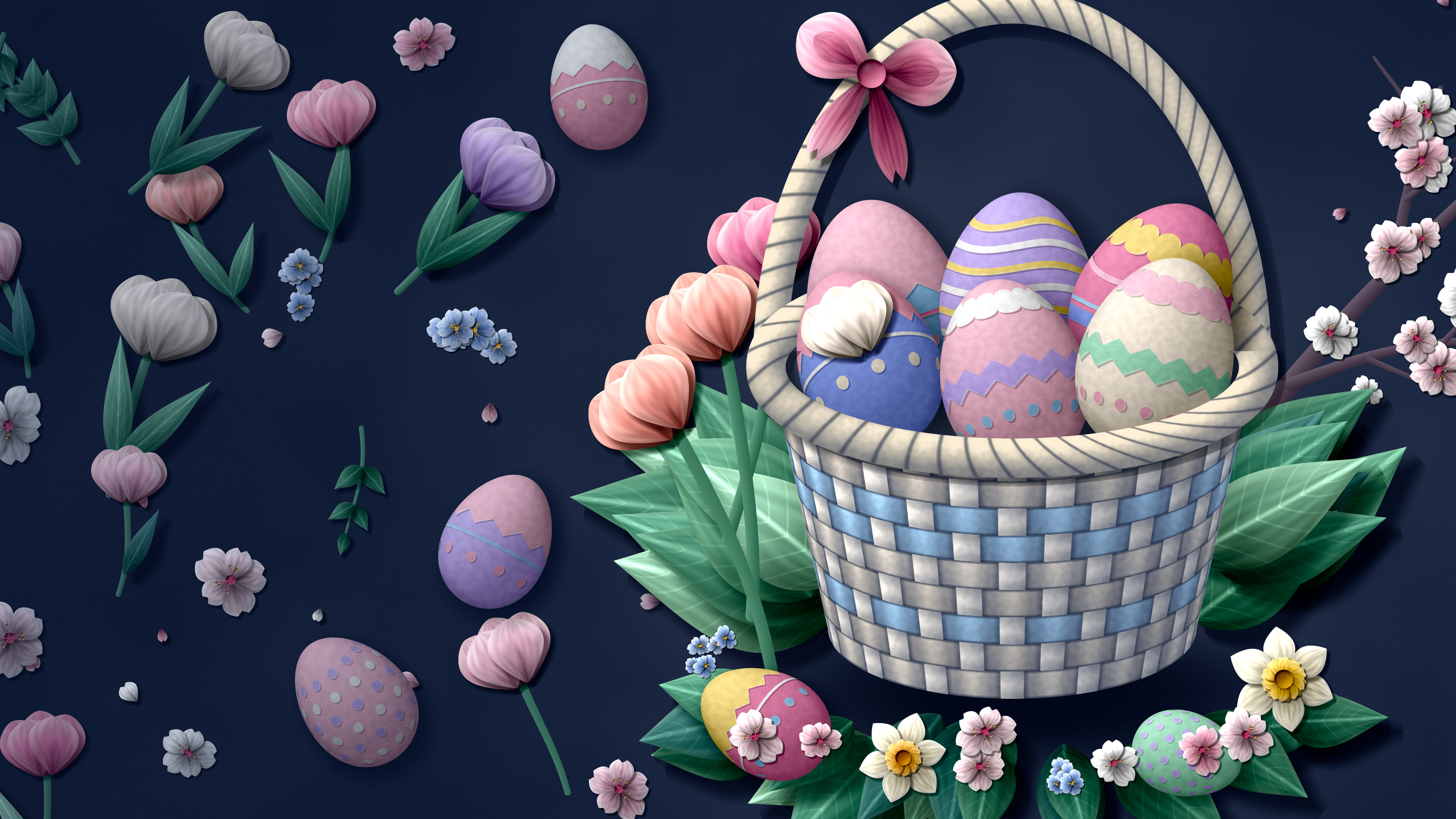 Navy Paper Easter Egg Basket desktop wallpaper in 4K