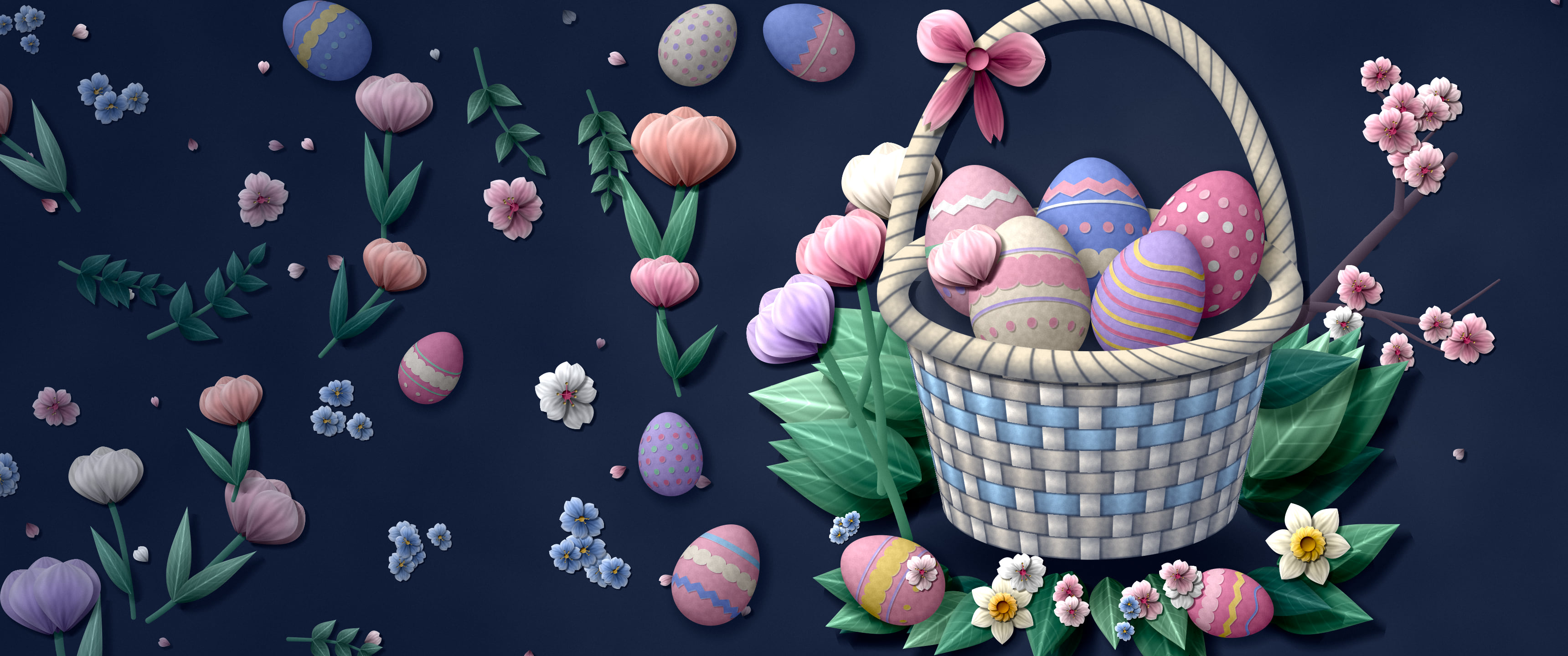 Navy Paper Easter Egg Basket ultrawide wallpaper, 3440 × 1440