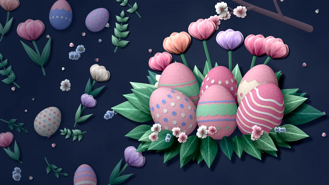 Navy Paper Easter Eggs and Spring Flowers desktop wallpaper in 4K
