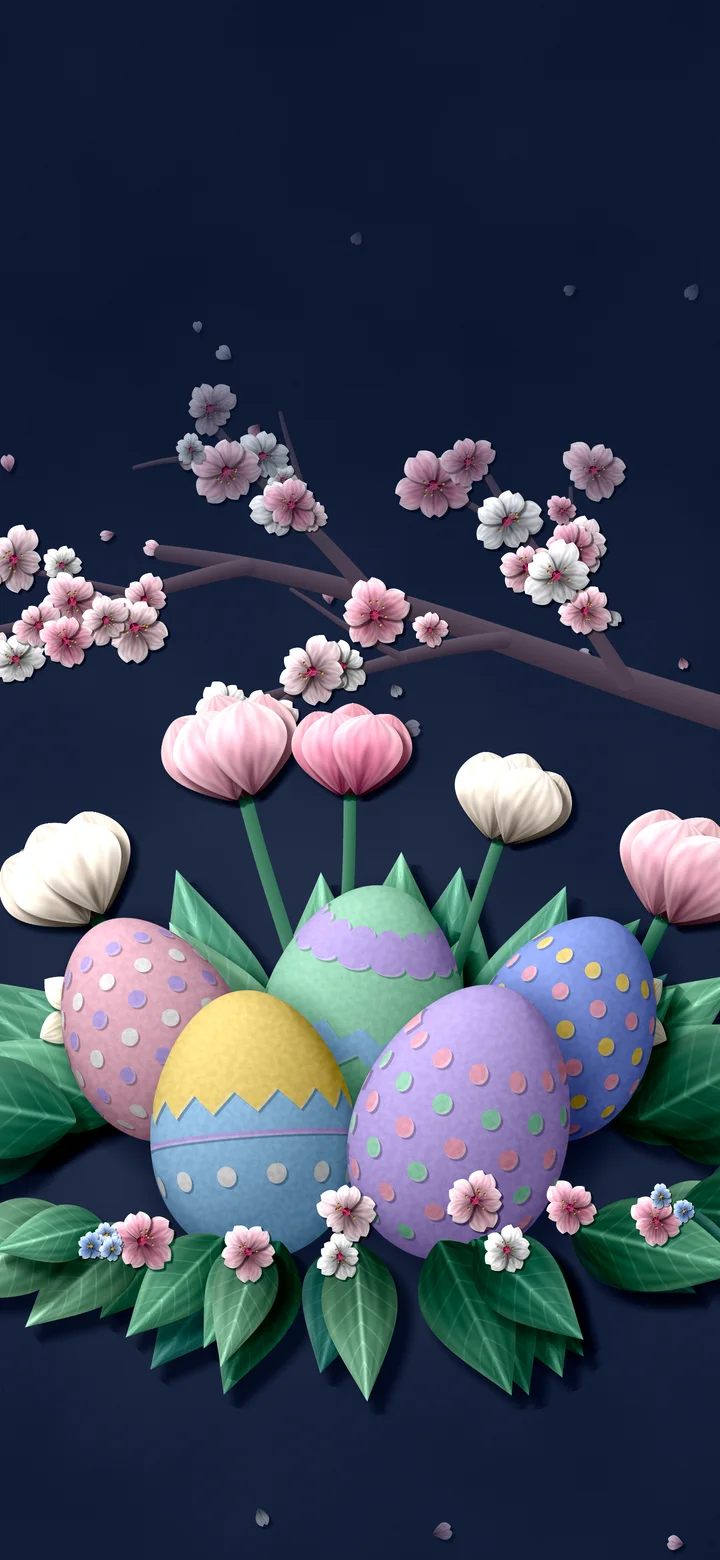 Navy Paper Easter Eggs and Spring Flowers wallpaper for iPhone and Android