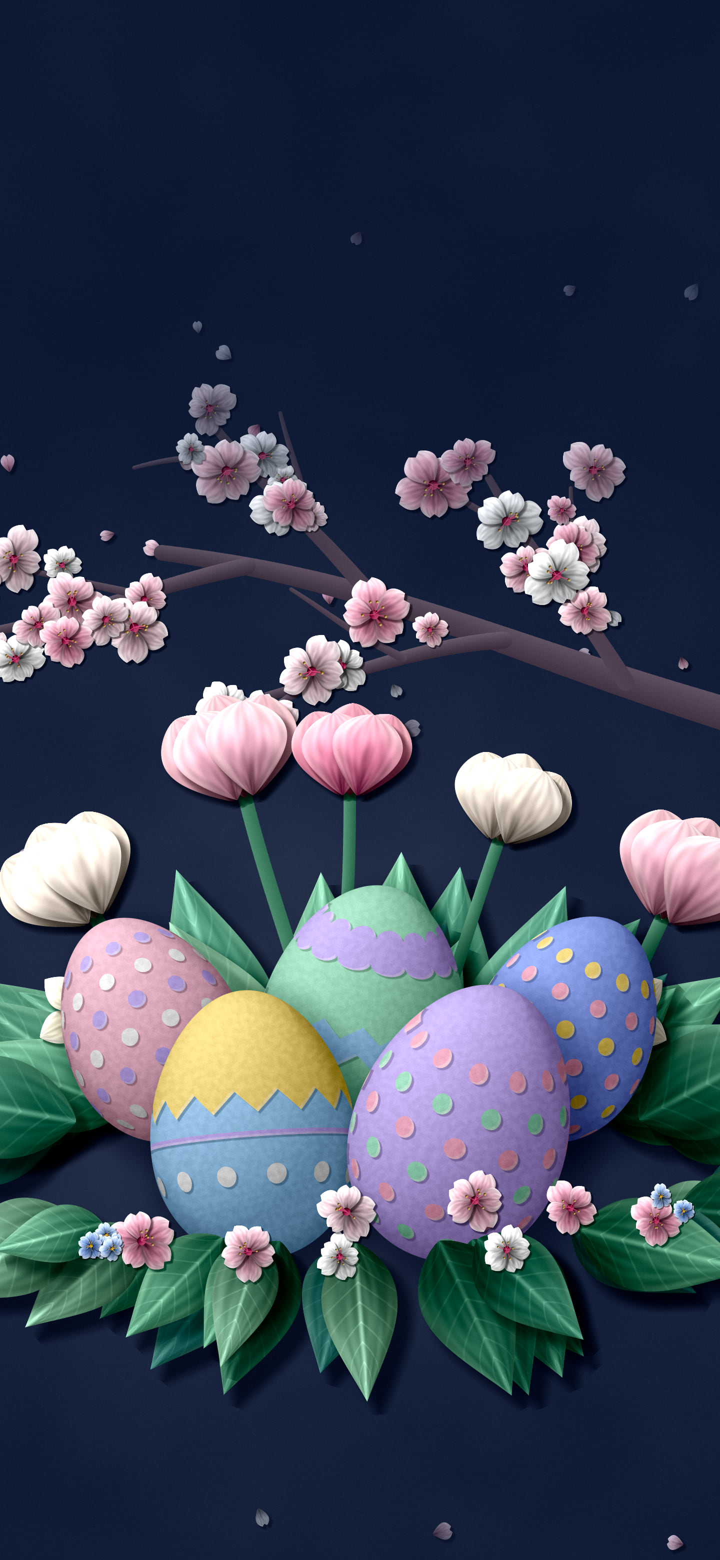Navy Paper Easter Eggs and Spring Flowers wallpaper for iPhone and Android