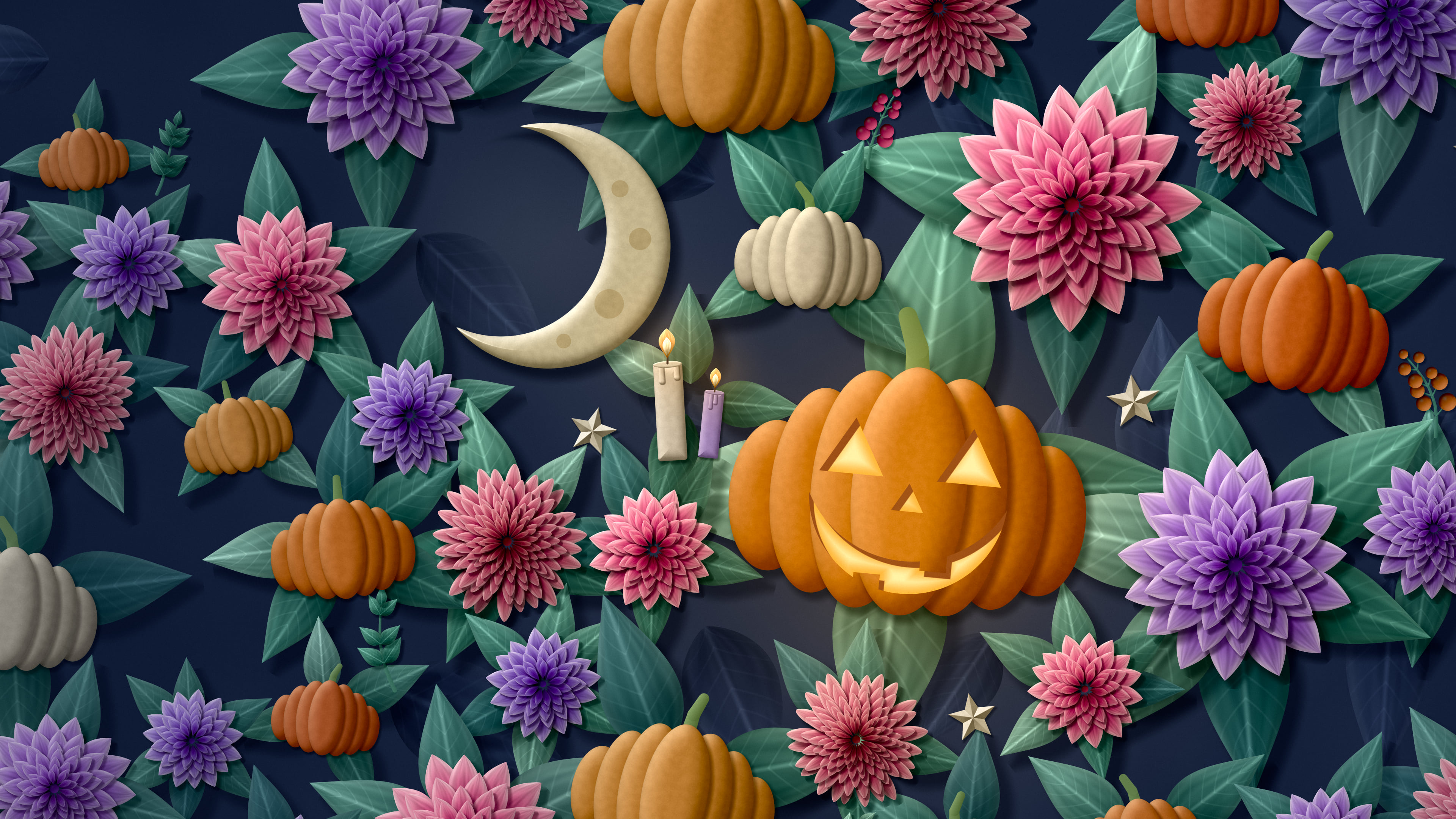 Navy Paper Halloween Pumpkin and Moon Pattern desktop wallpaper in 4K