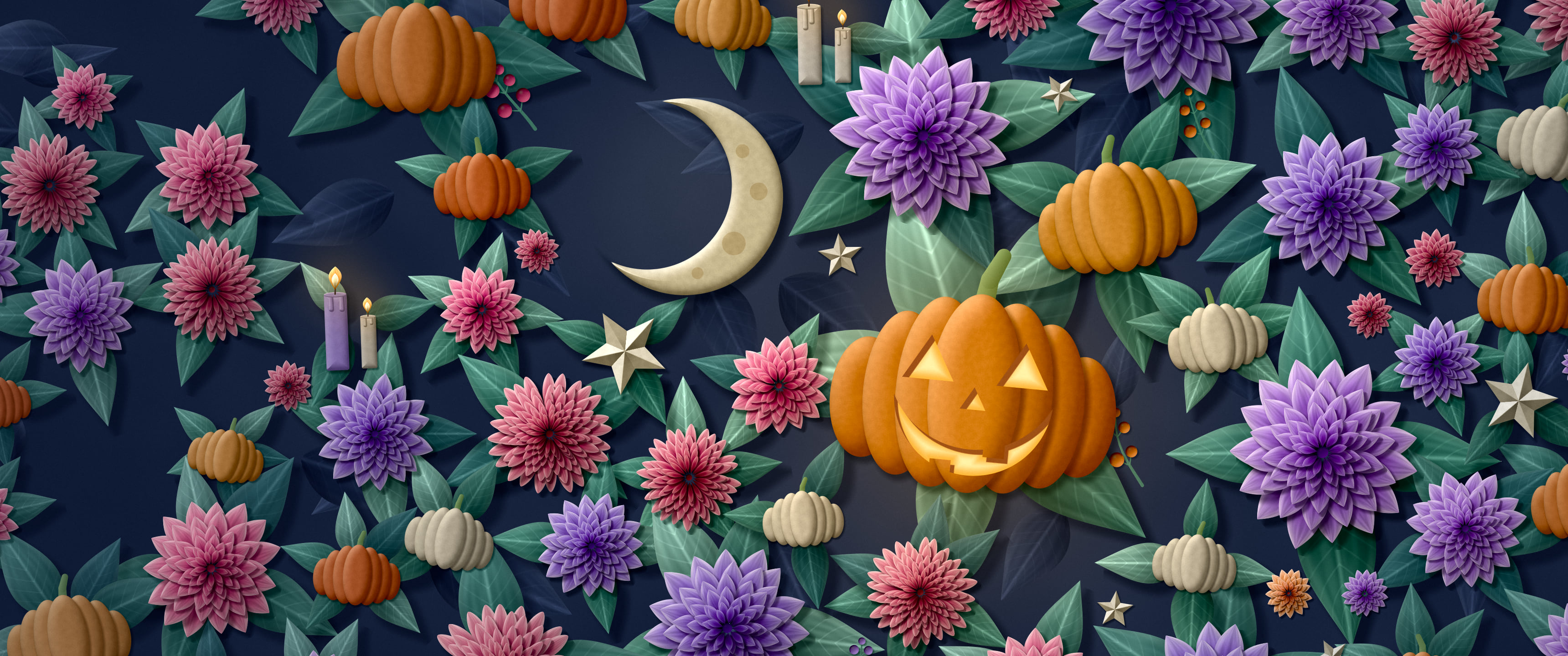 Navy Paper Halloween Pumpkin and Moon Pattern ultrawide wallpaper, 3440 × 1440