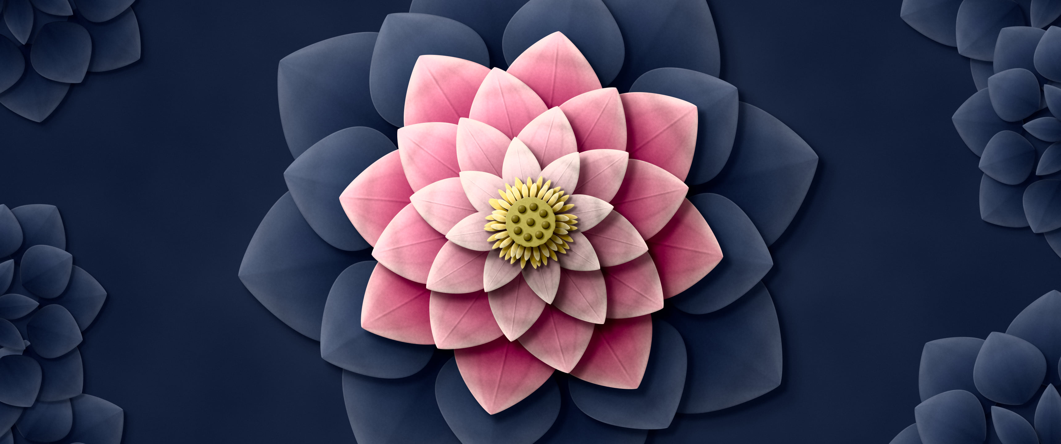 Navy Paper Lotus Mandala ultrawide wallpaper, 3440 × 1440