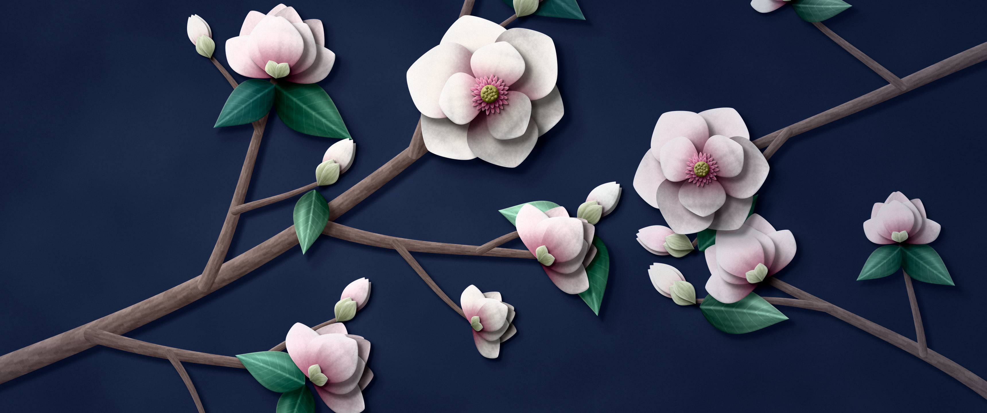 Navy Paper Magnolia Branch ultrawide wallpaper, 3440 × 1440