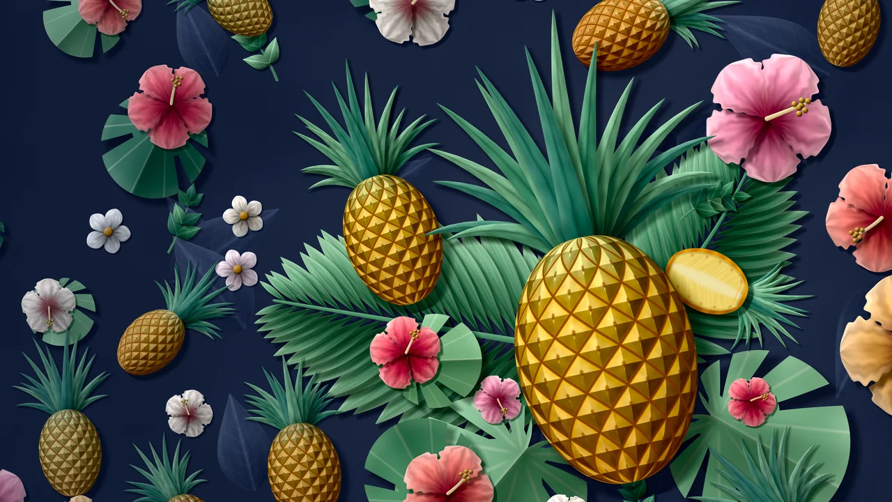 Navy Paper Pineapples and Hibiscus desktop wallpaper in 4K