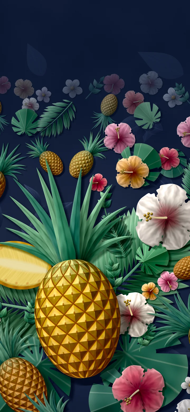 Navy Paper Pineapples and Hibiscus wallpaper for iPhone and Android