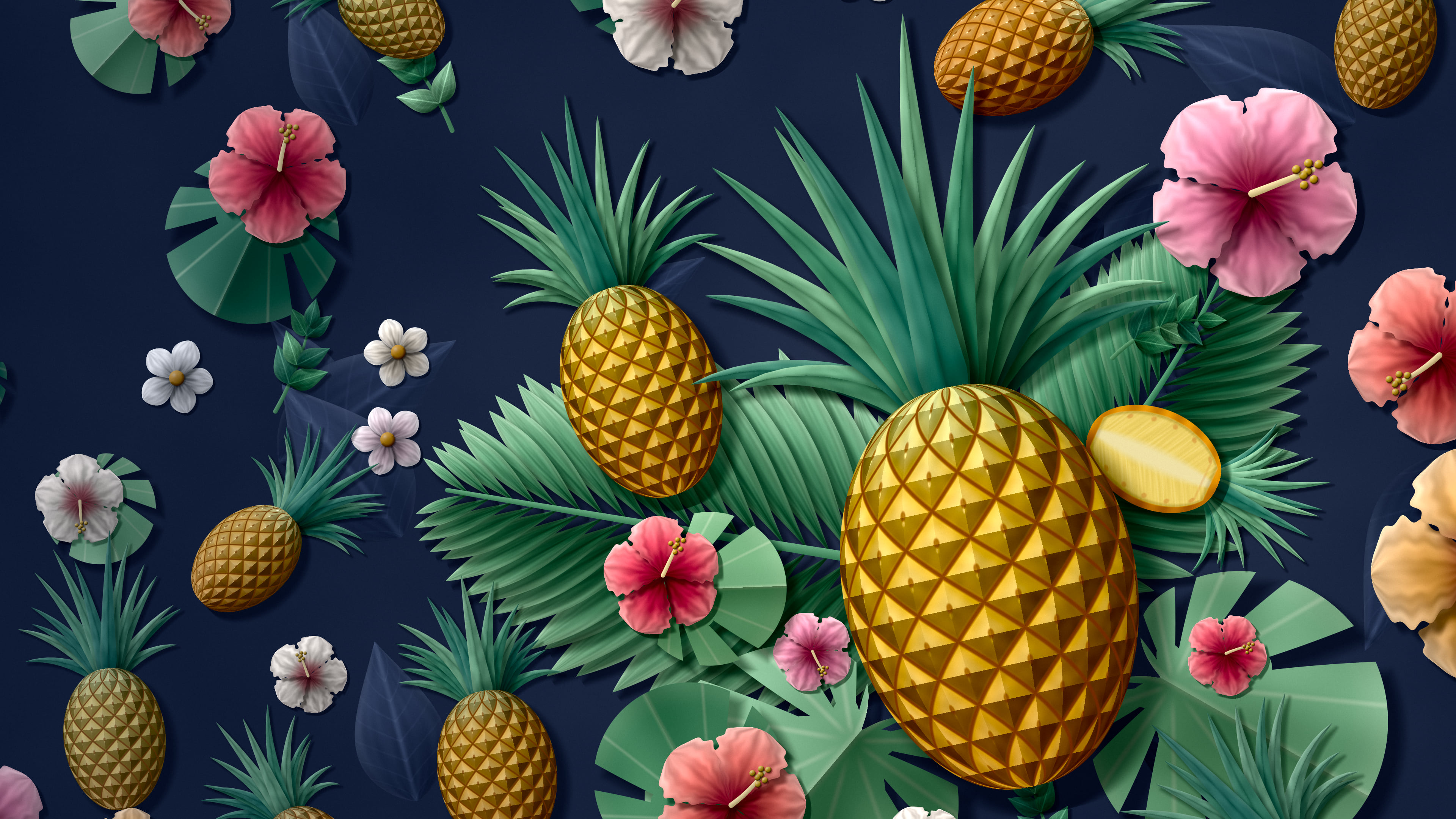 Navy Paper Pineapples and Hibiscus desktop wallpaper in 4K