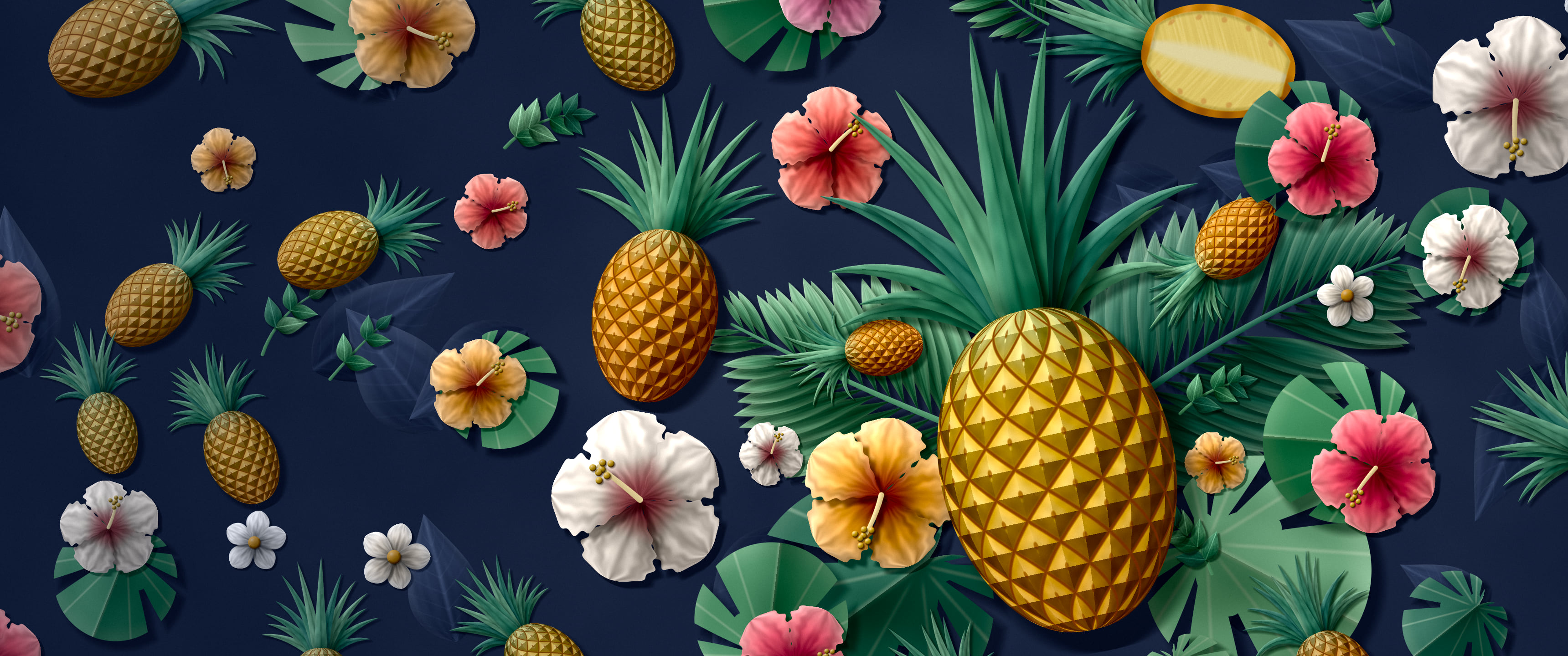 Navy Paper Pineapples and Hibiscus ultrawide wallpaper, 3440 × 1440
