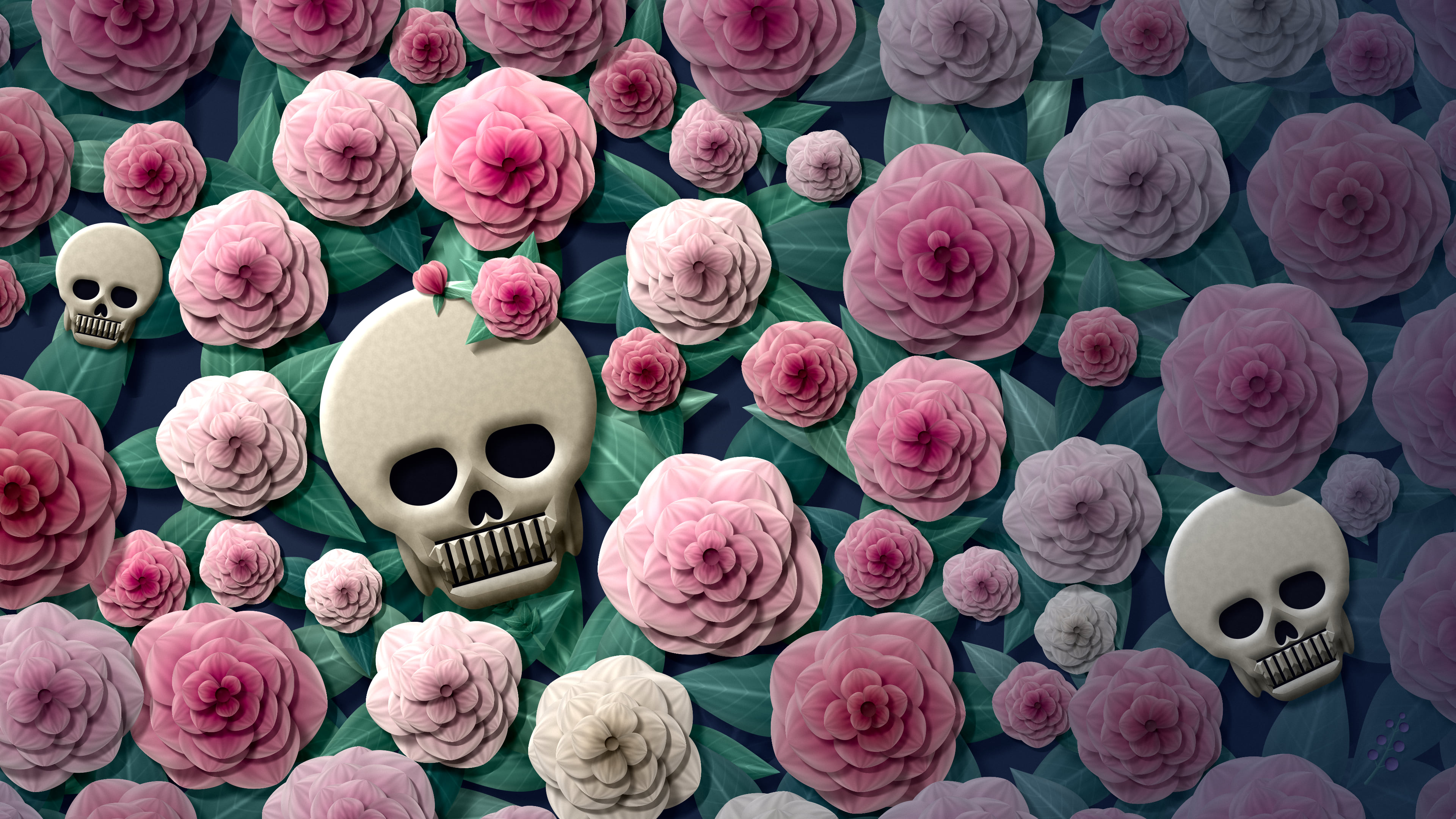 Navy Paper Skulls and Roses desktop wallpaper in 4K