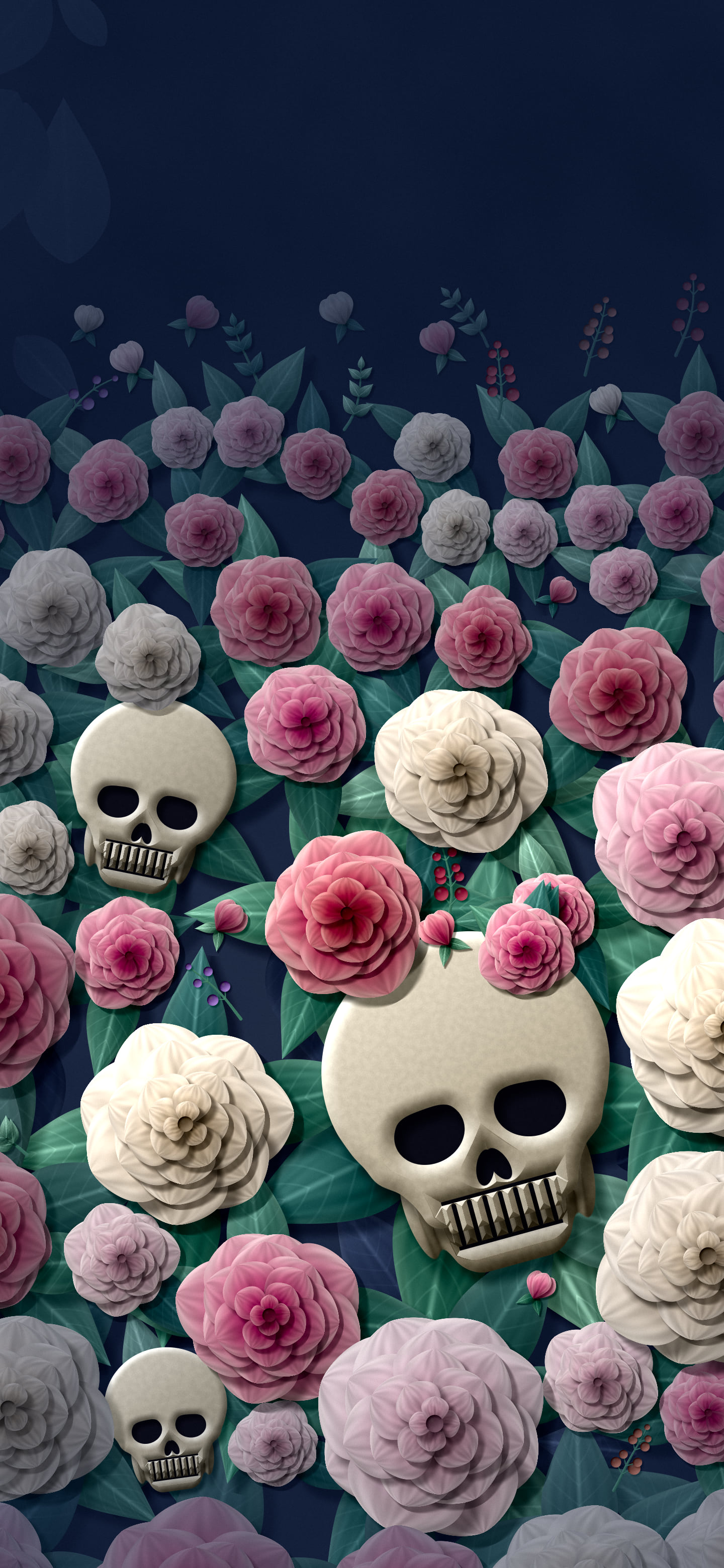 Navy Paper Skulls and Roses wallpaper for iPhone and Android