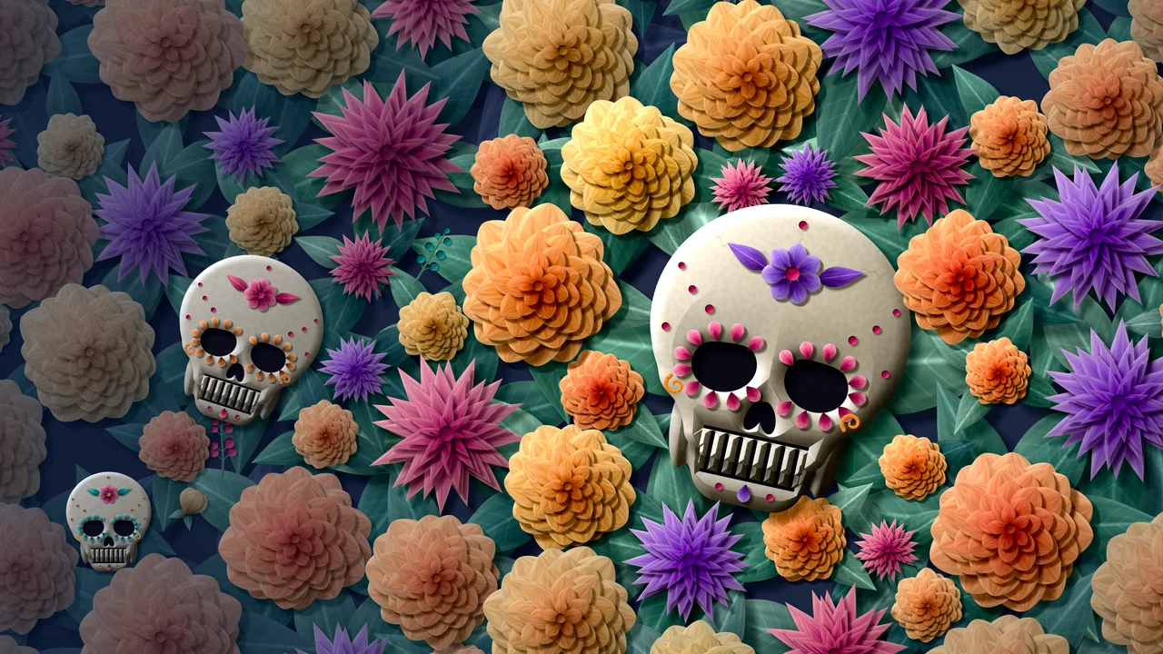Navy Paper Sugar Skull and Marigolds desktop wallpaper in 4K