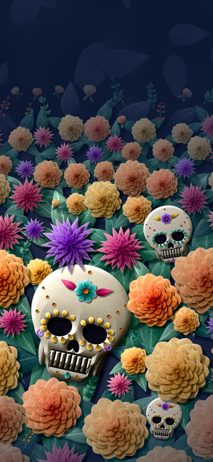 Navy Paper Sugar Skull and Marigolds wallpaper for iPhone and Android